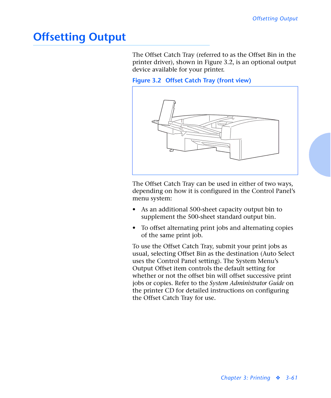 Xerox N2125 manual Offsetting Output, Offset Catch Tray front view 