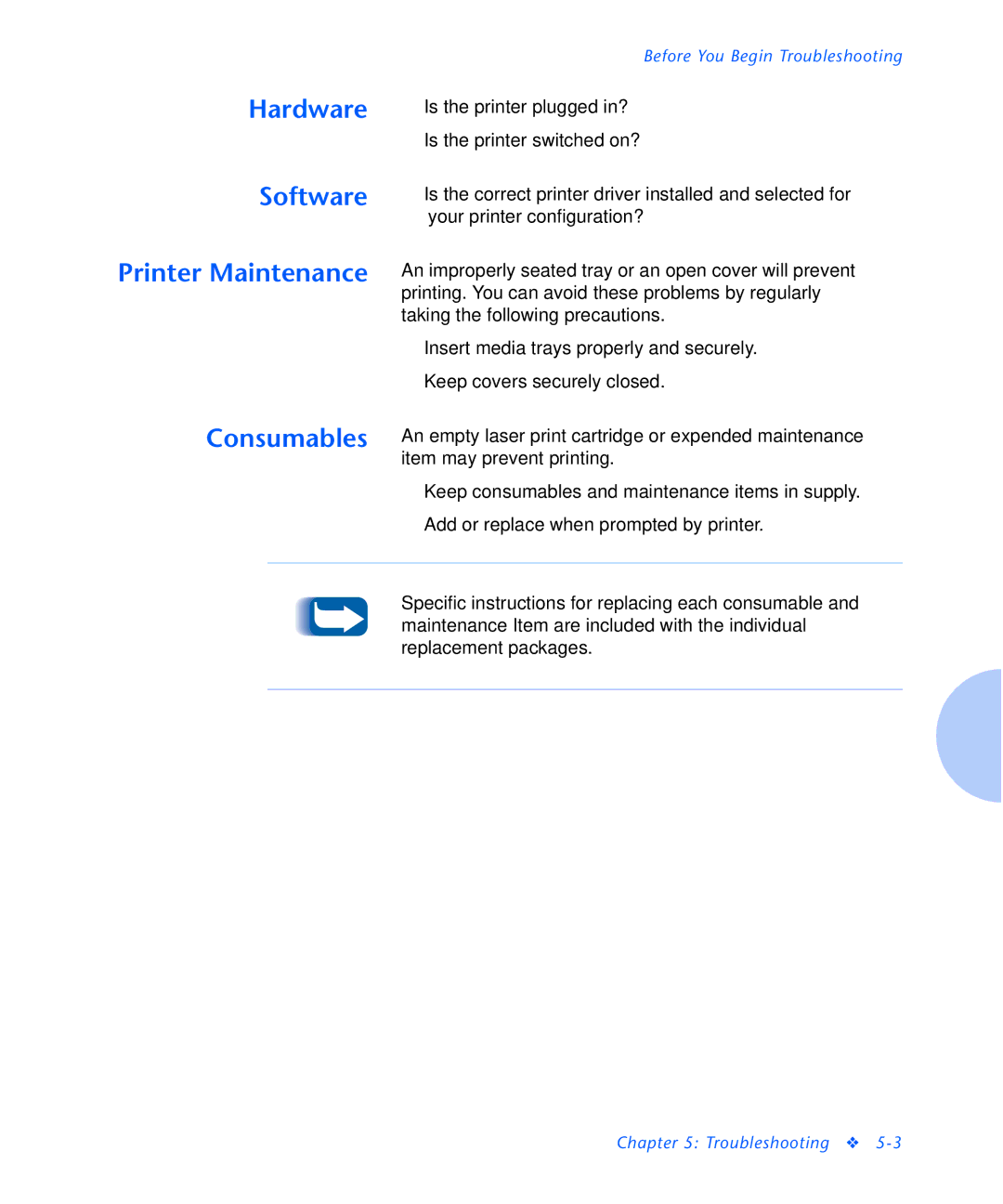 Xerox N2125 manual Hardware Software Printer Maintenance Consumables 