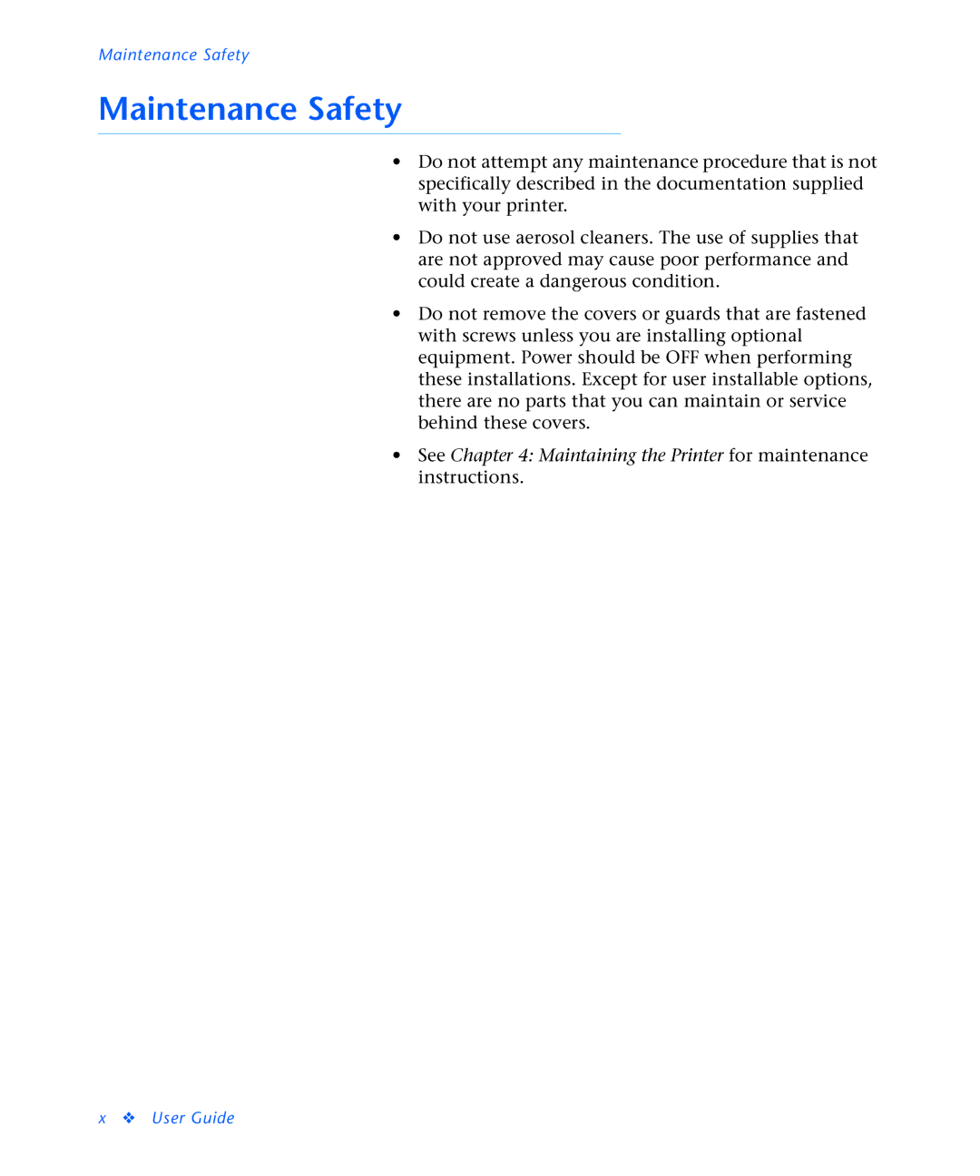 Xerox N2125 manual Maintenance Safety 