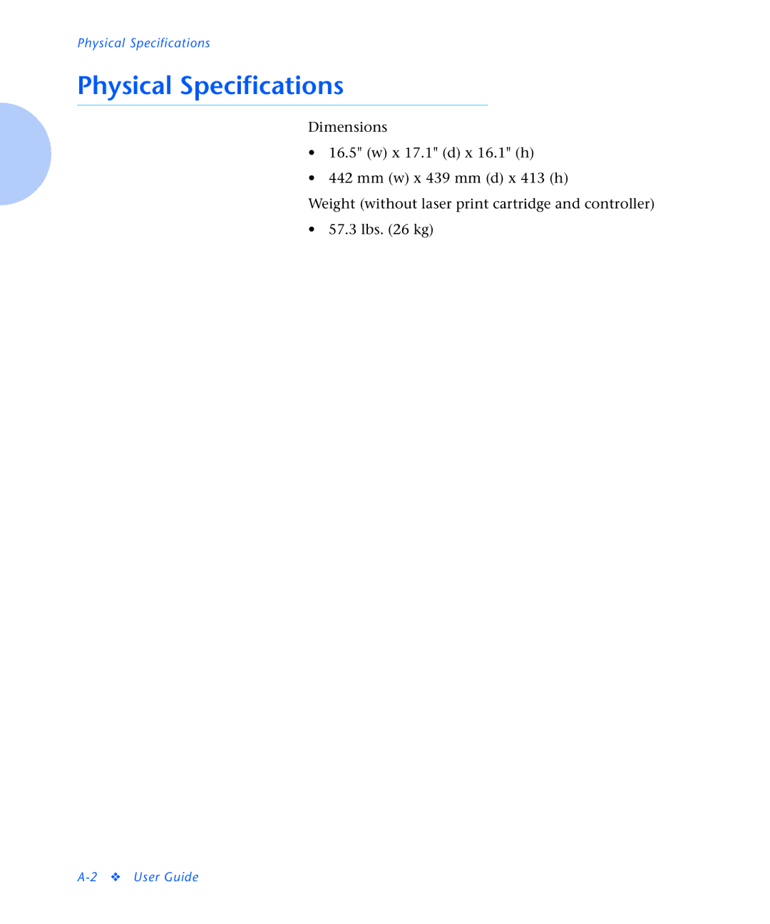 Xerox N2125 manual Physical Specifications 