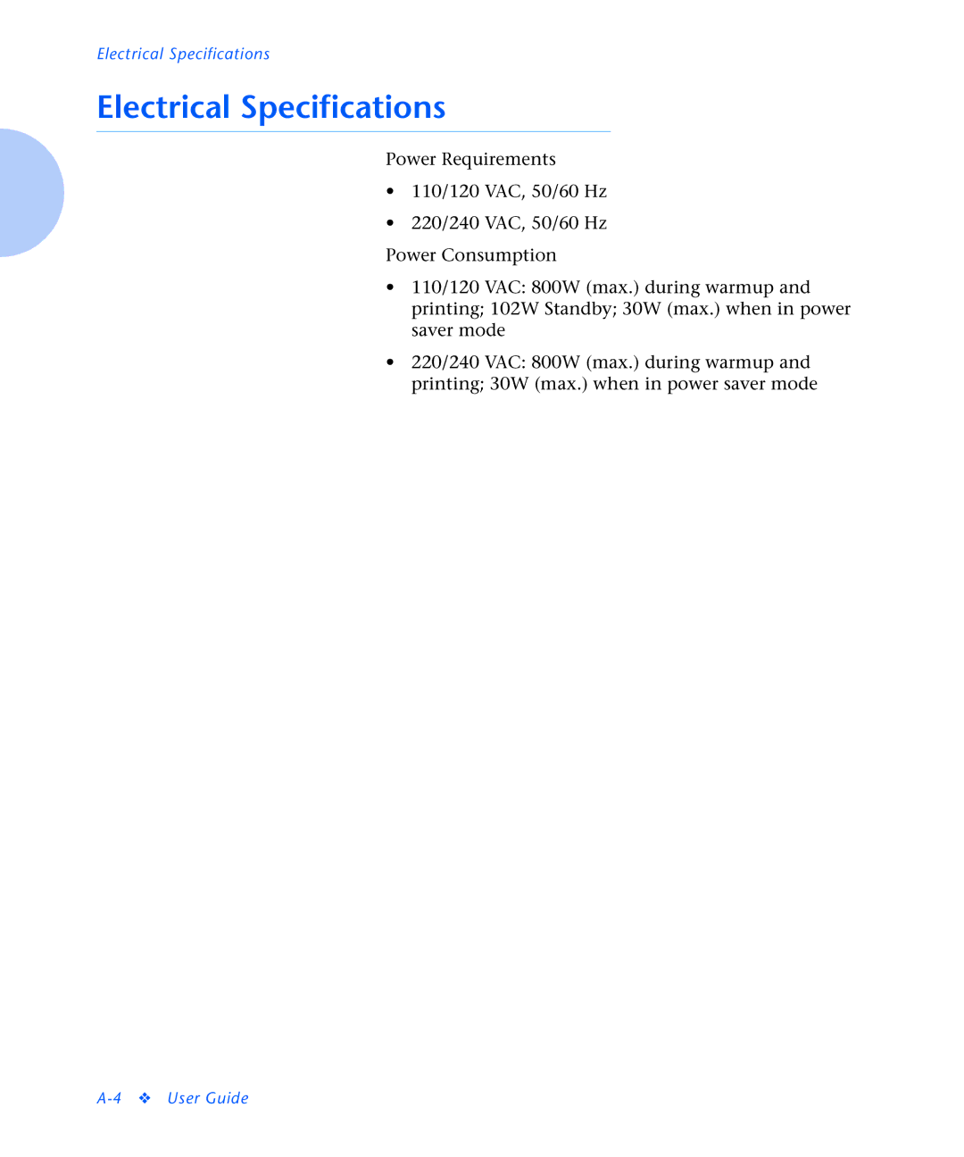 Xerox N2125 manual Electrical Specifications 