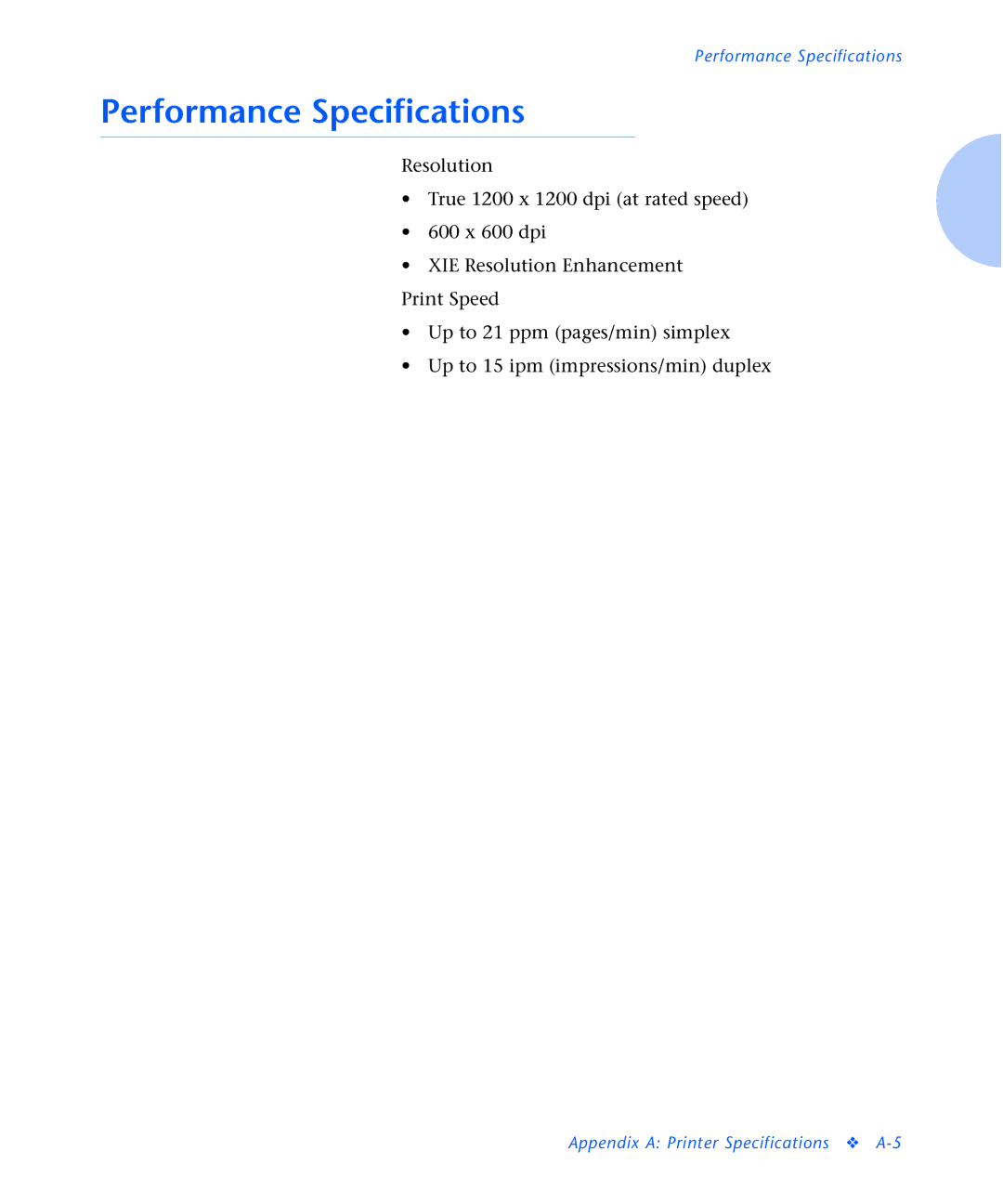 Xerox N2125 manual Performance Specifications 