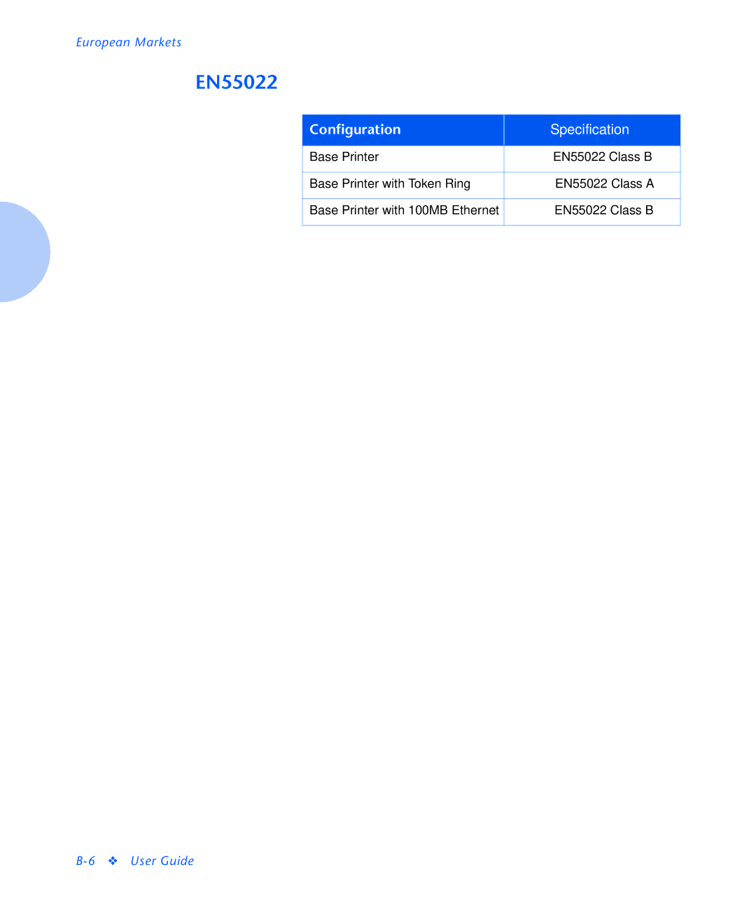 Xerox N2125 manual EN55022, Configuration Specification 