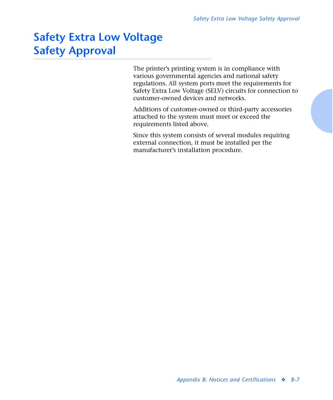 Xerox N2125 manual Safety Extra Low Voltage Safety Approval 