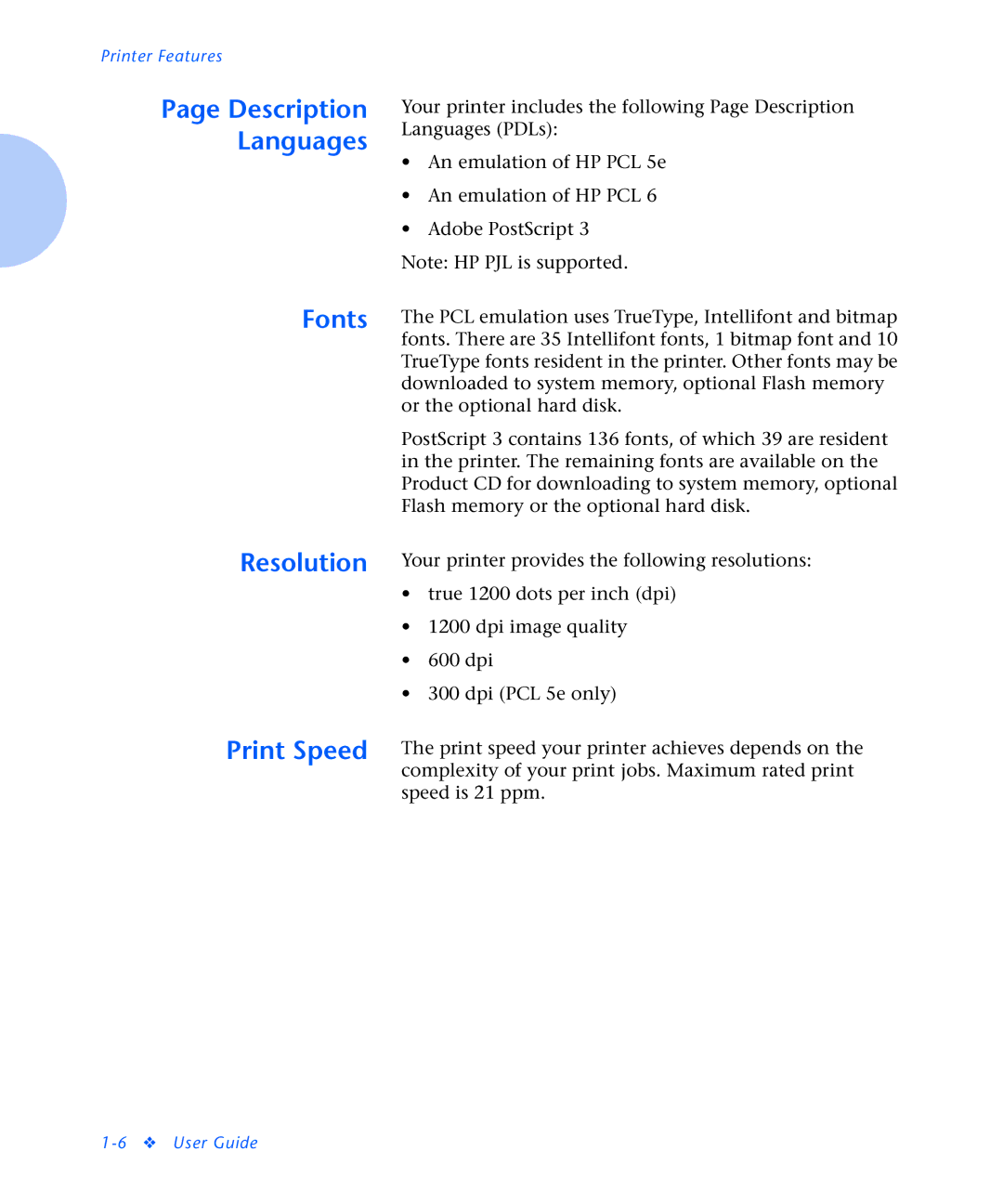 Xerox N2125 manual Fonts Resolution Print Speed 