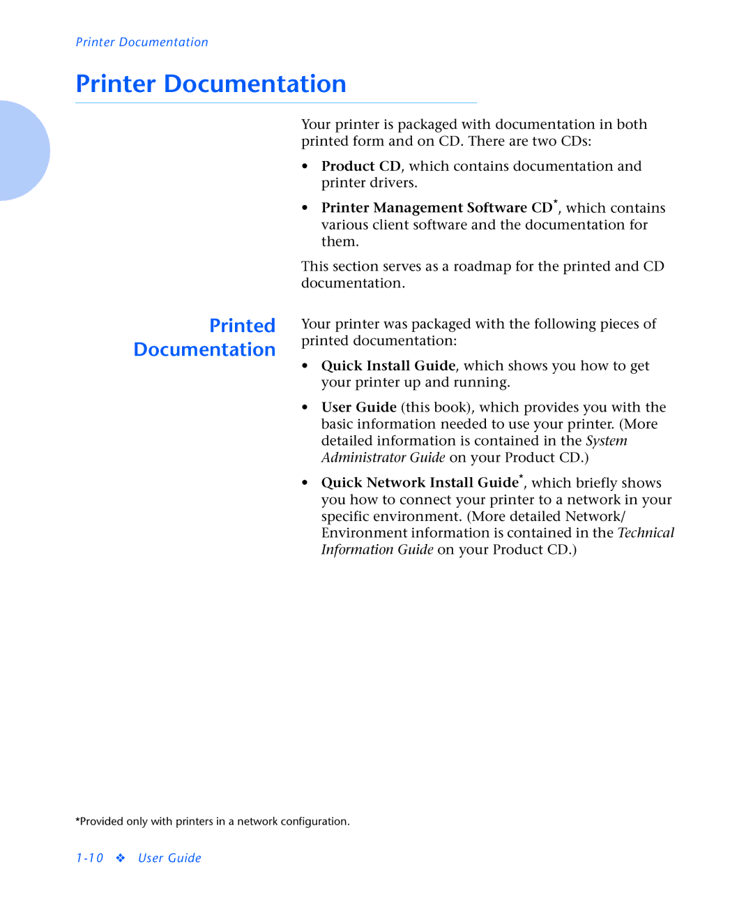 Xerox N2125 manual Printer Documentation, Printed Documentation 