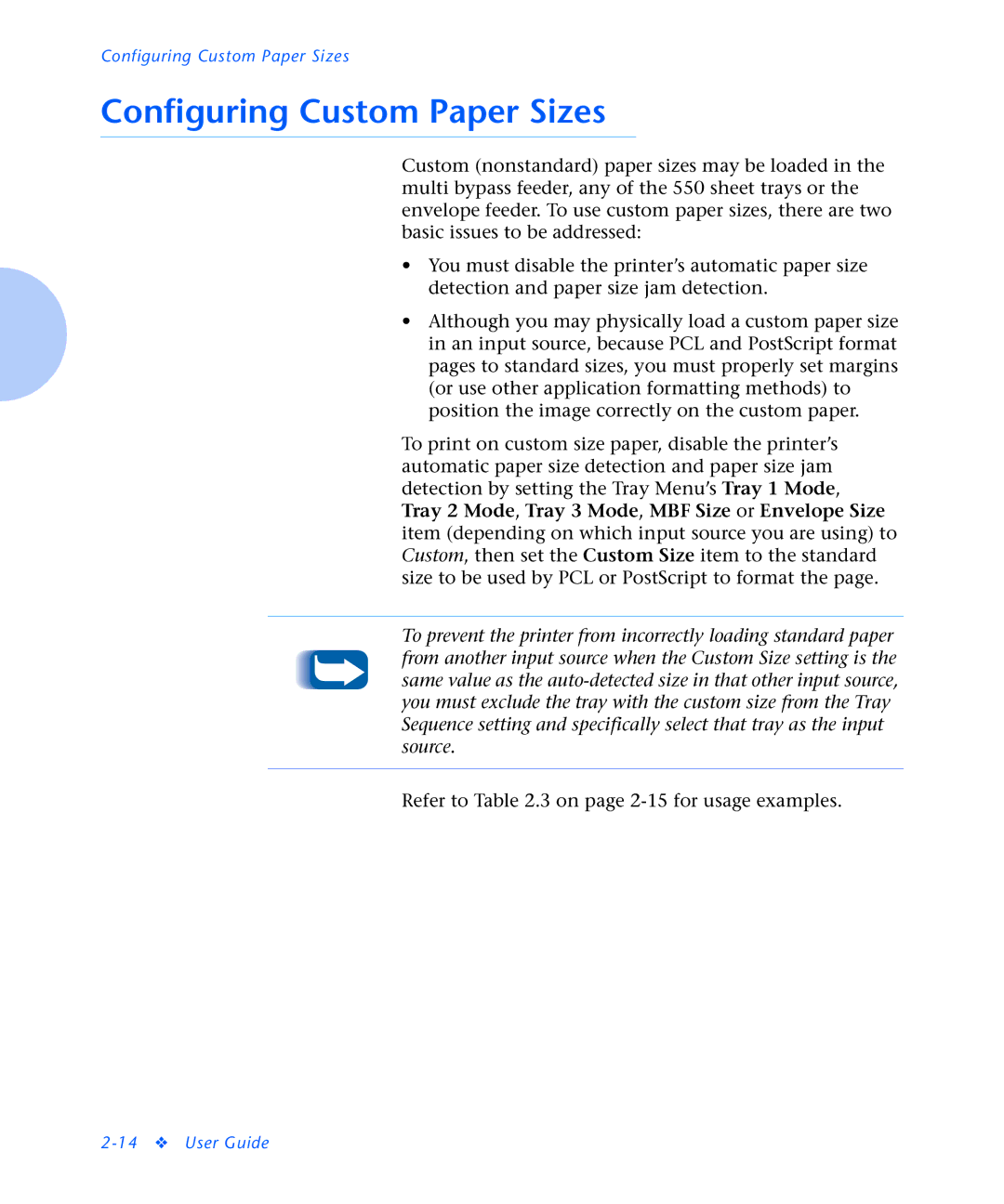 Xerox N2125 manual Configuring Custom Paper Sizes 