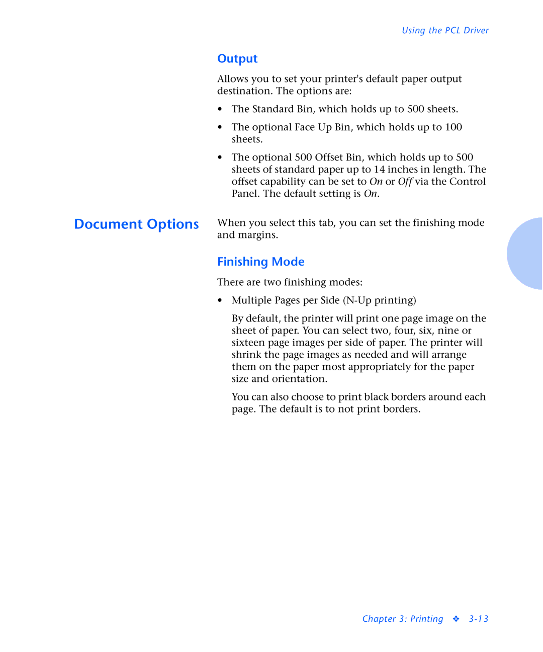 Xerox N2125 manual Output, Finishing Mode 