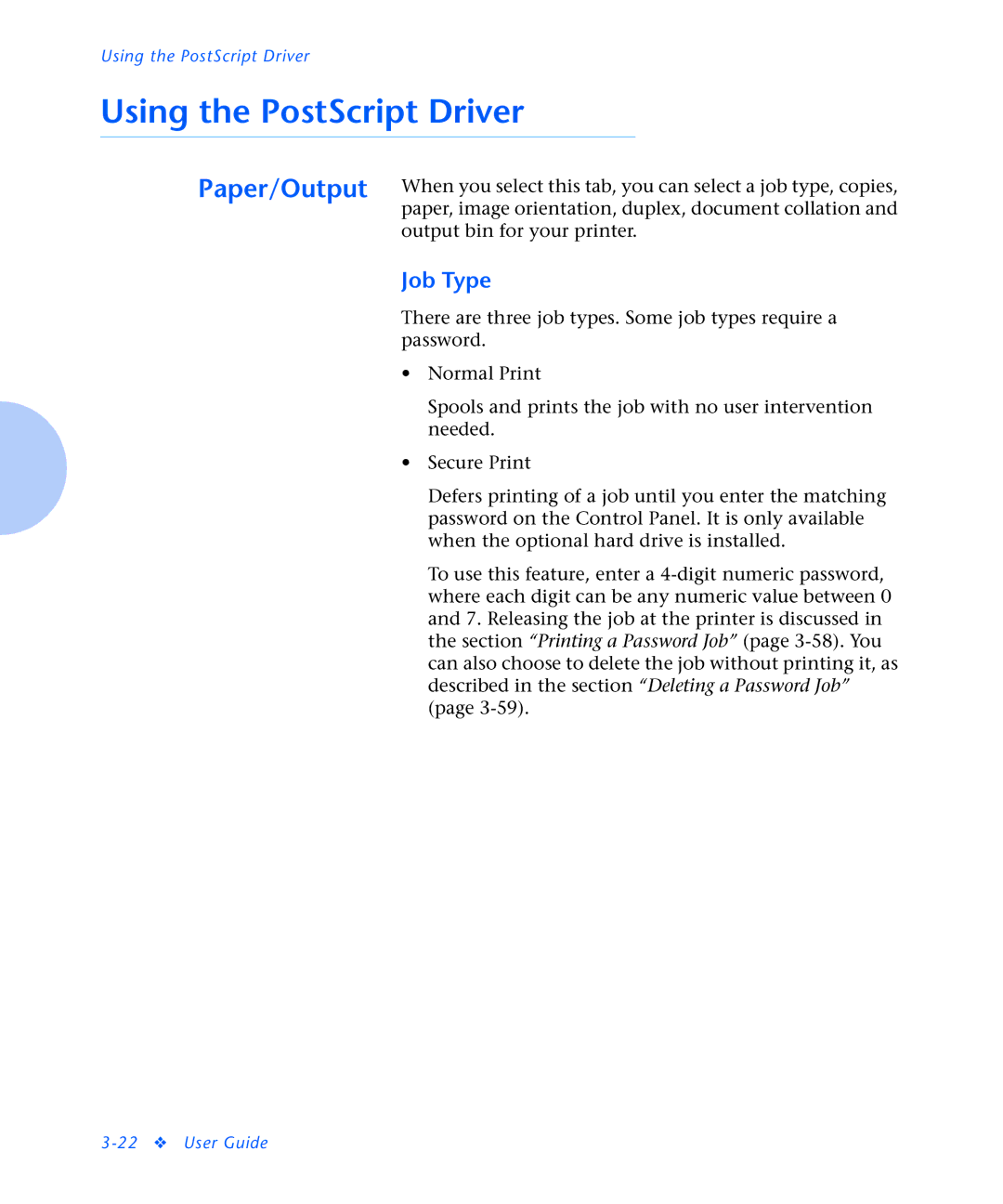 Xerox N2125 manual Using the PostScript Driver, Job Type 