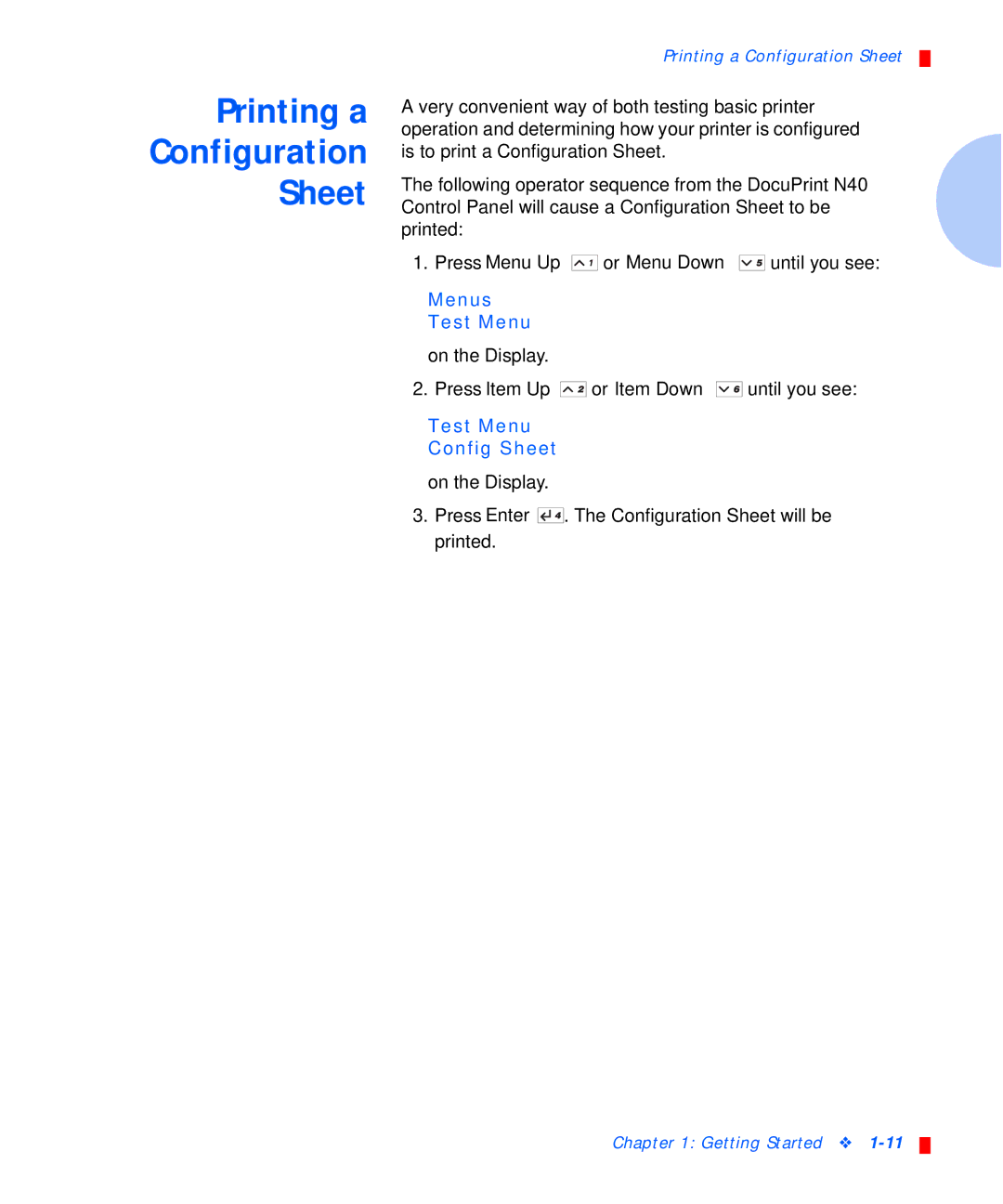 Xerox N40, N24, N32 manual Printing a Configuration Sheet, Test Menu Config Sheet 