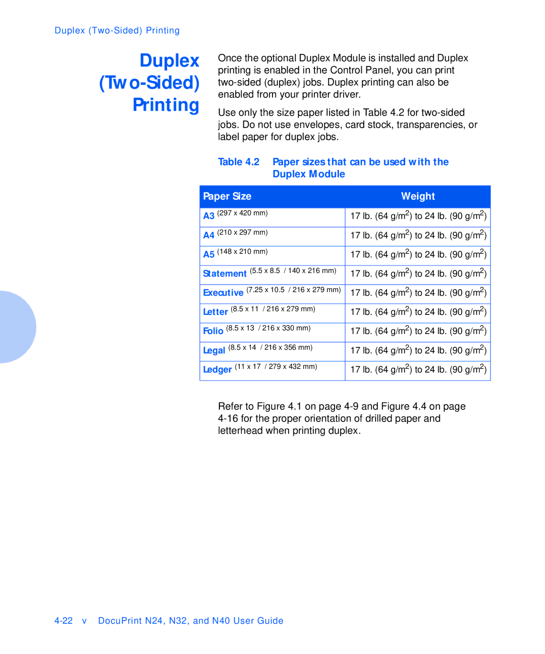 Xerox N24, N32, N40 manual Printing, Paper Size Weight 