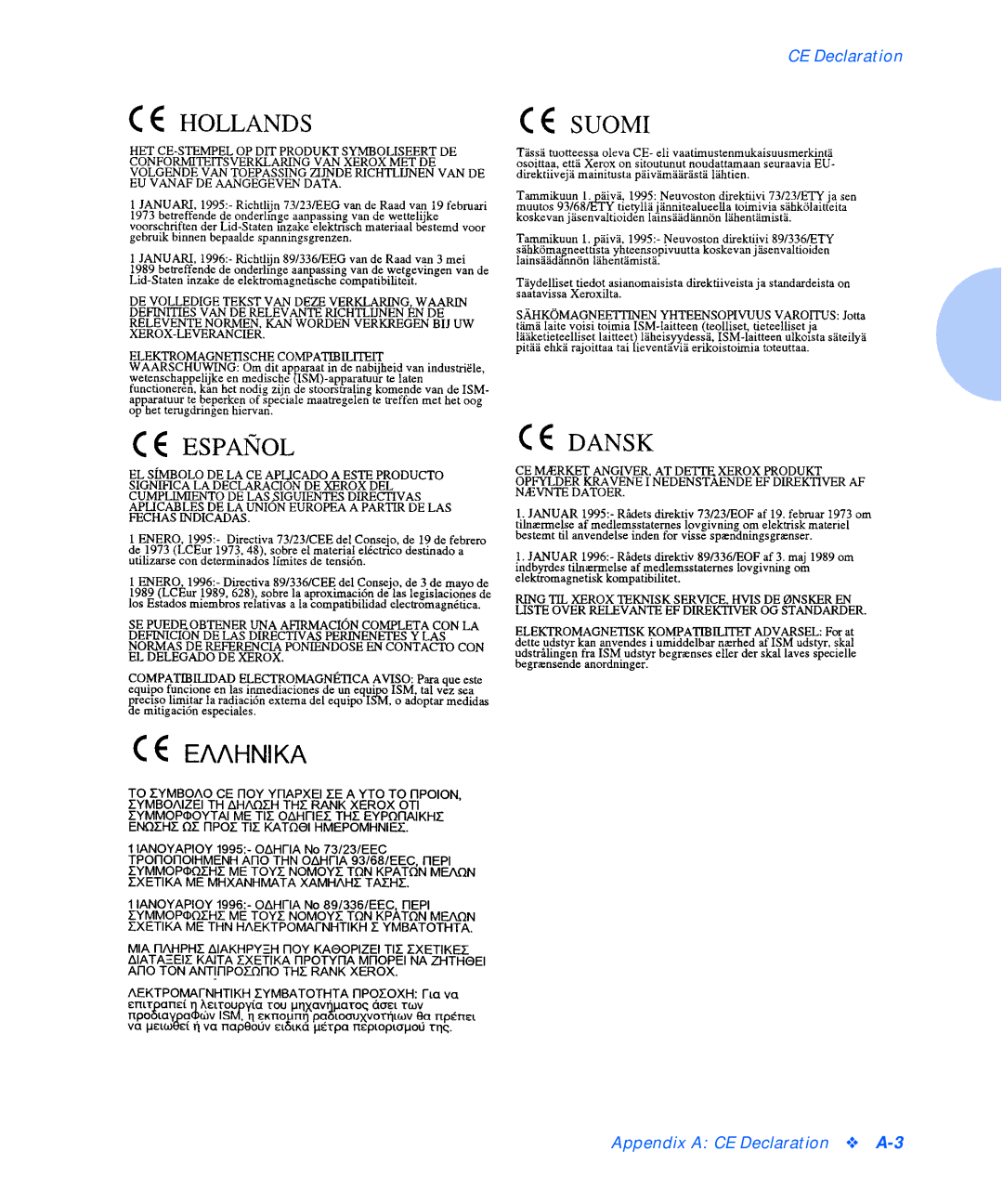 Xerox N40, N24, N32 manual CE Declaration Appendix a CE Declaration A-3 