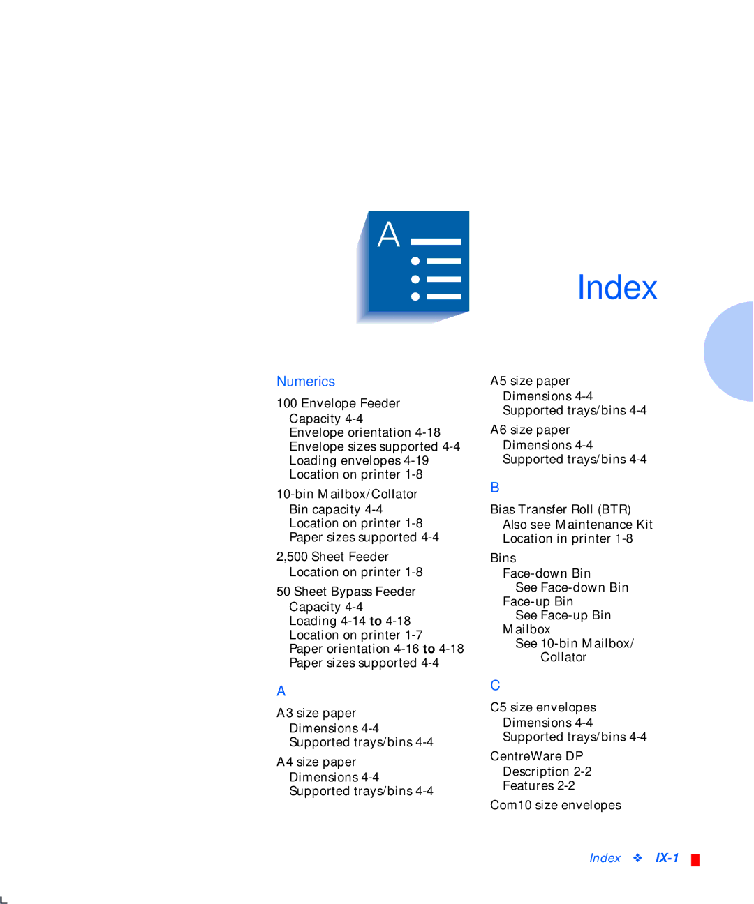 Xerox N32, N24, N40 manual IndexX 