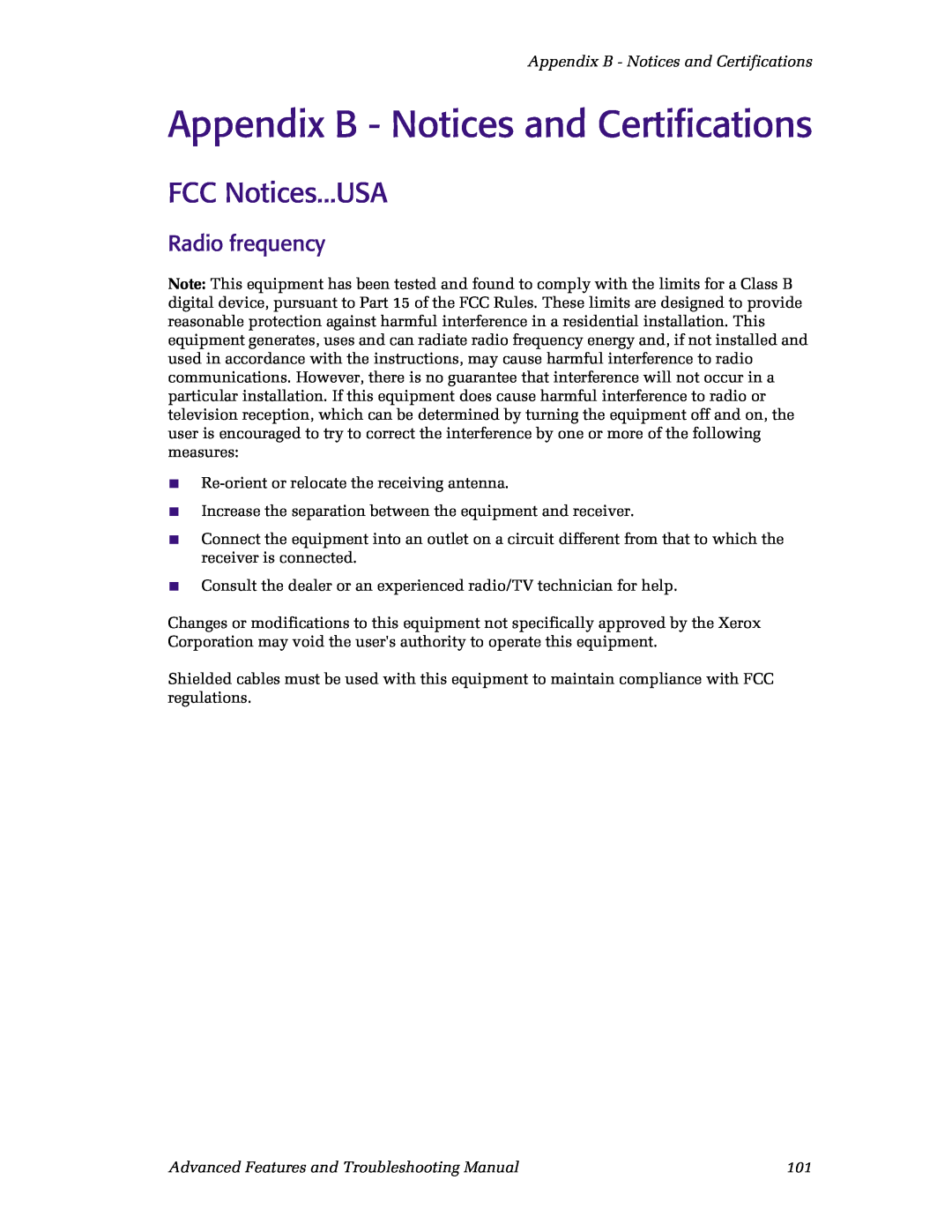 Xerox N4525 manual Appendix B - Notices and Certifications, FCC Notices...USA, Radio frequency 