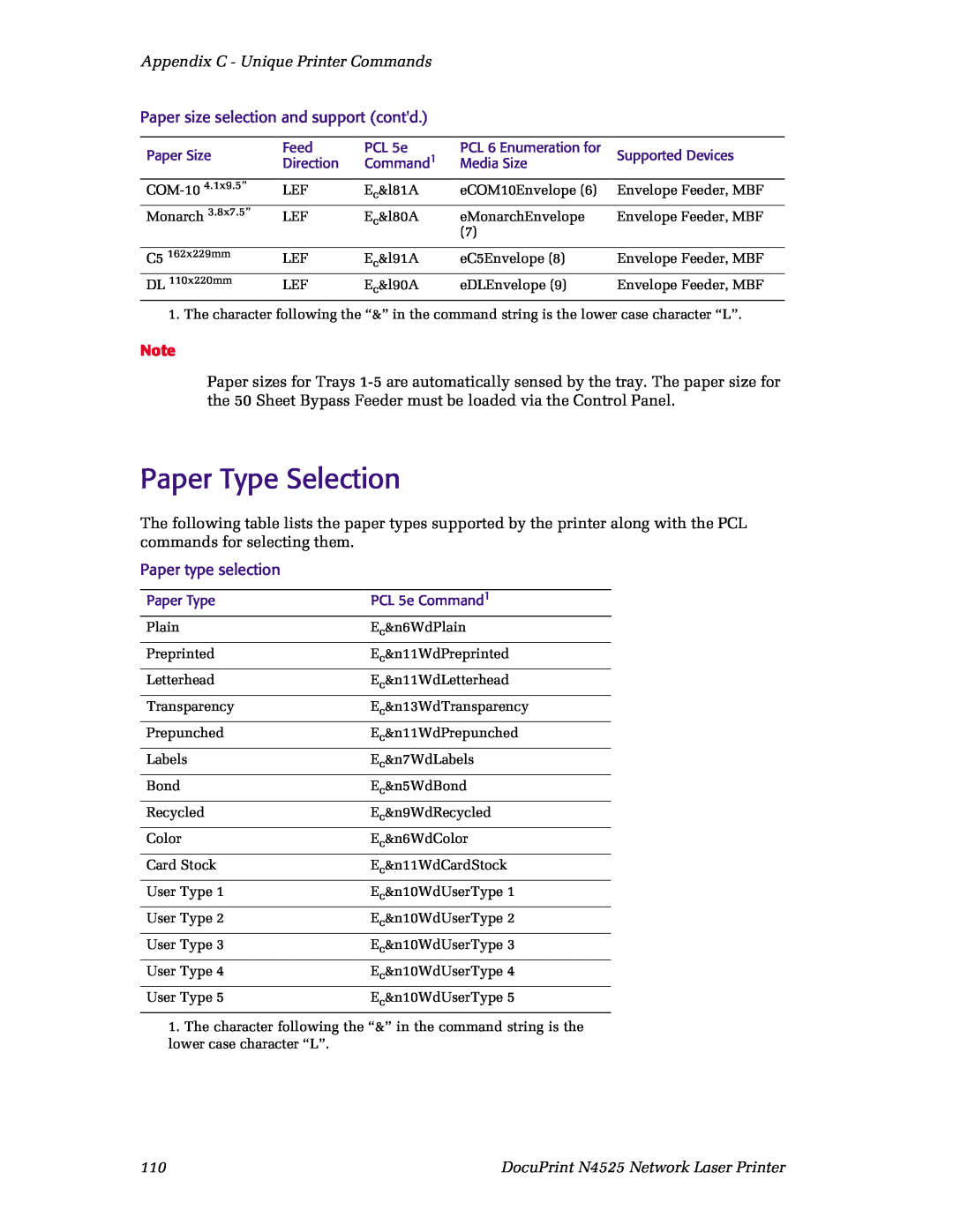Xerox N4525 manual Paper Type Selection, Appendix C - Unique Printer Commands, Paper size selection and support contd 
