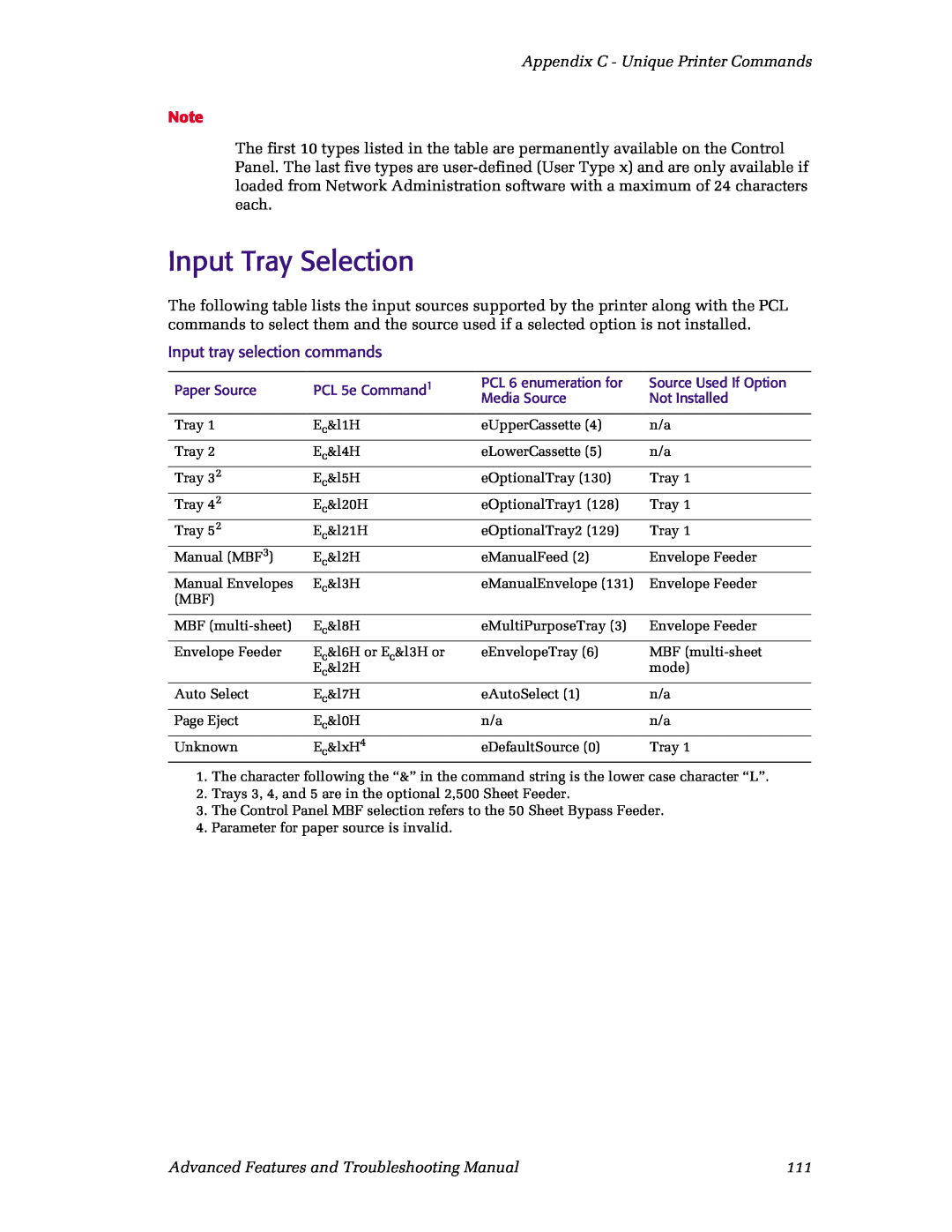 Xerox N4525 manual Input Tray Selection, Appendix C - Unique Printer Commands, Input tray selection commands 