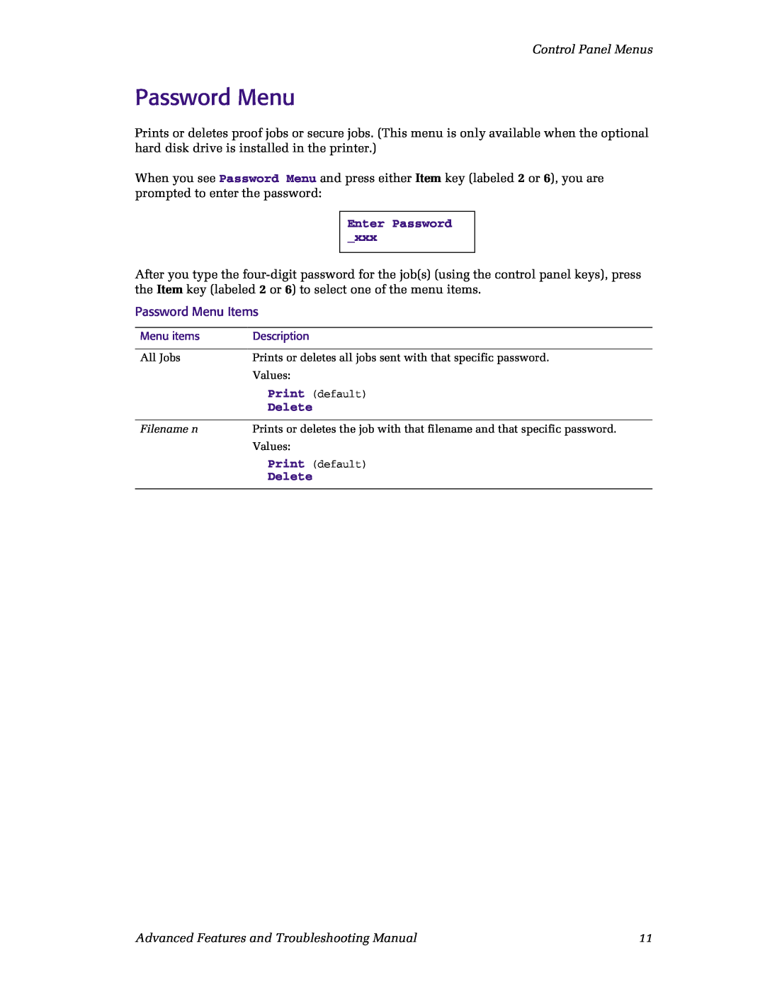 Xerox N4525 manual Control Panel Menus, Enter Password _xxx, Password Menu Items, Delete 