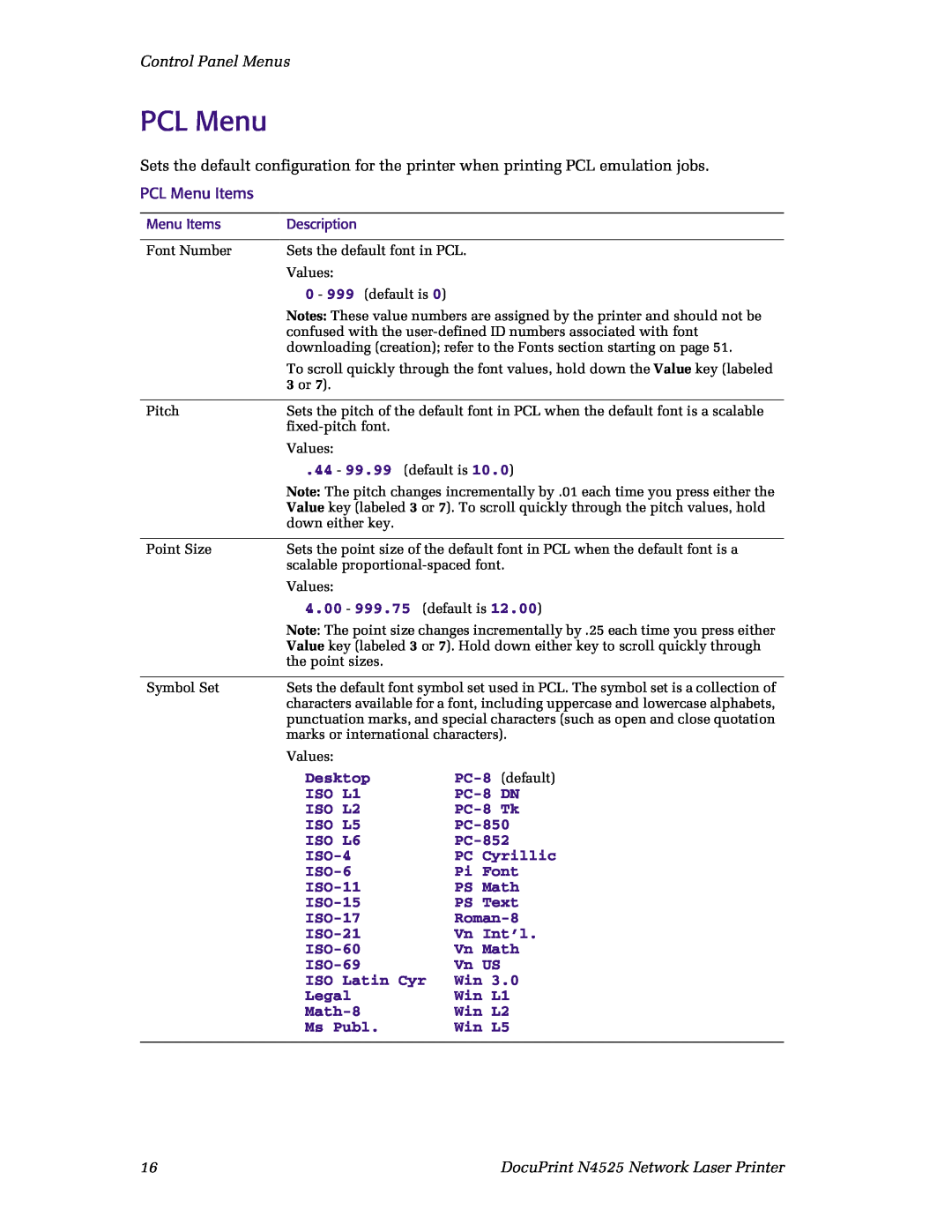 Xerox N4525 Control Panel Menus, PCL Menu Items, 4.00 - 999.75 default is, Desktop, ISO L1, PC-8DN, ISO L2, PC-8Tk 