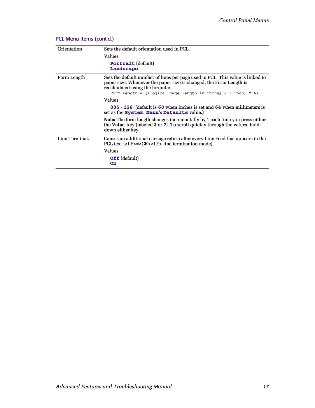 Xerox N4525 manual Control Panel Menus, PCL Menu Items contd, Portrait default, Landscape 