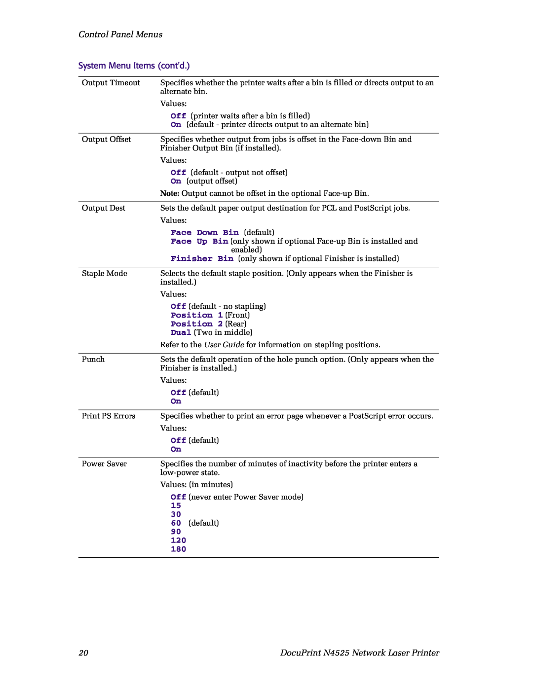 Xerox N4525 Control Panel Menus, System Menu Items contd, Face Down Bin default, Position 1 Front, Position 2 Rear, 15 30 