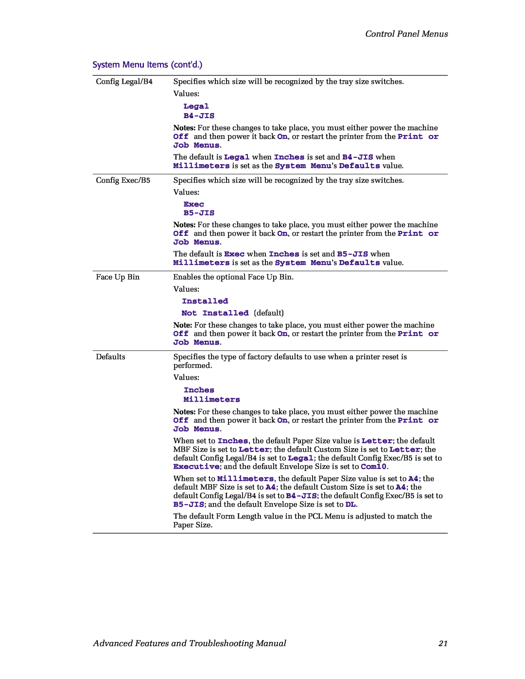 Xerox N4525 manual Control Panel Menus, System Menu Items contd, Legal B4-JIS, Job Menus, Exec, B5-JIS, Installed, Inches 