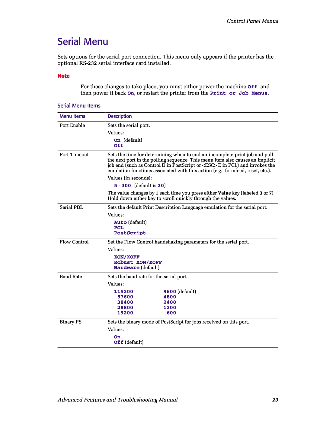 Xerox N4525 Control Panel Menus, Serial Menu Items, PostScript, Xon/Xoff, Robust XON/XOFF, Hardware default, 115200 