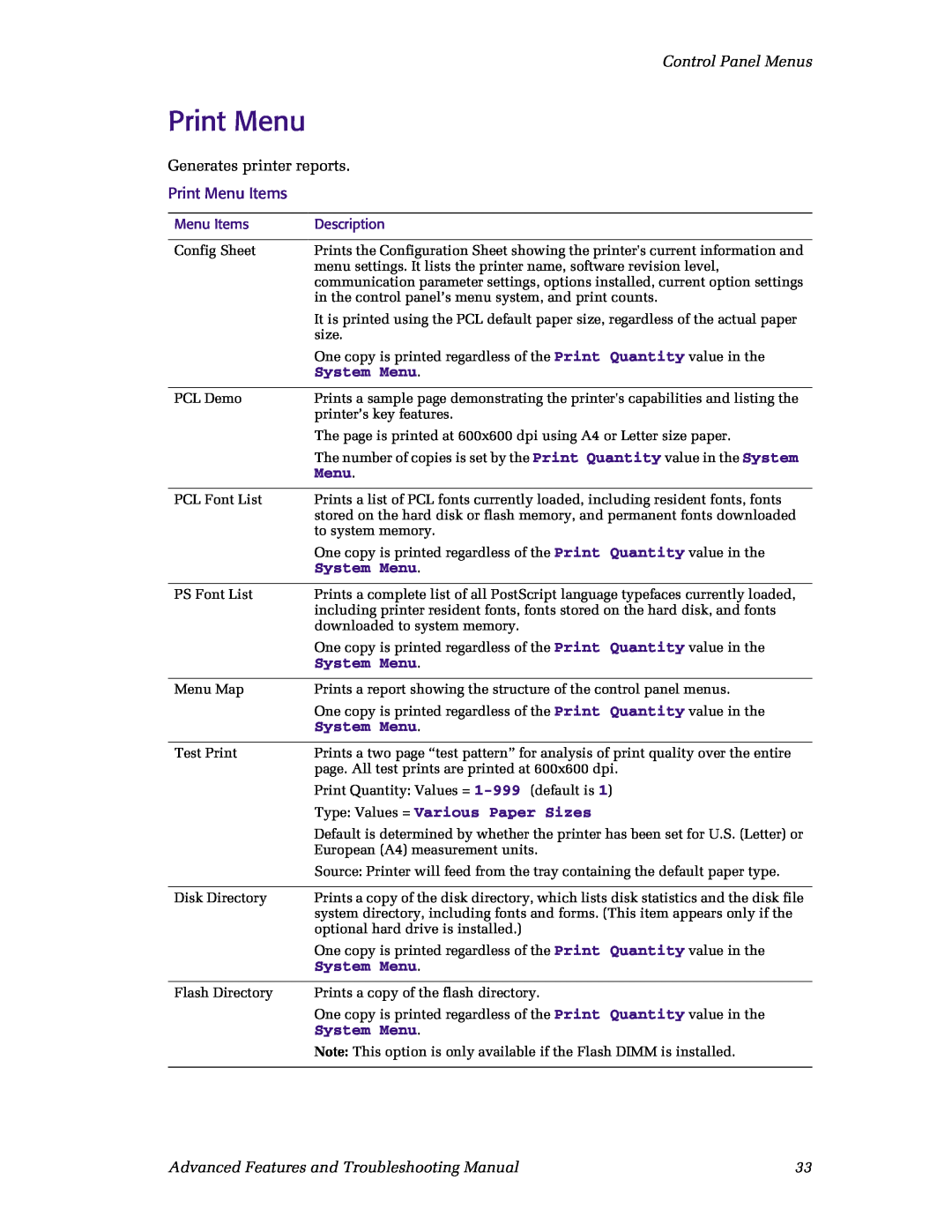 Xerox N4525 manual Control Panel Menus, Print Menu Items, System Menu, Type: Values = Various Paper Sizes 