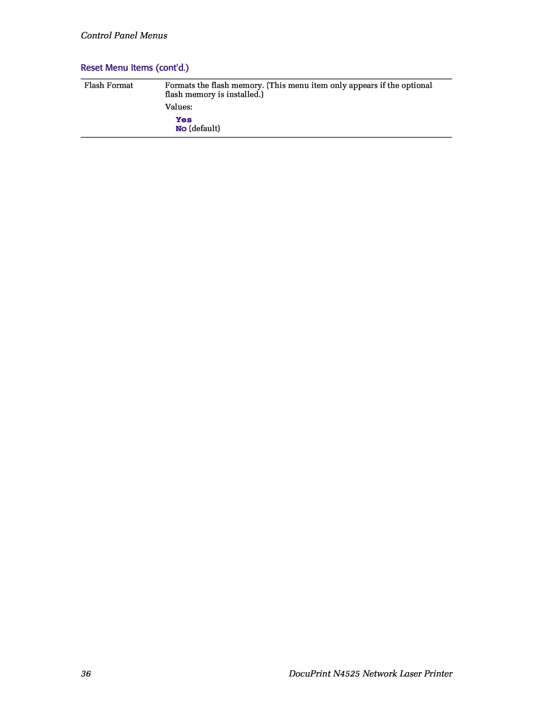 Xerox manual Control Panel Menus, Reset Menu Items contd, DocuPrint N4525 Network Laser Printer 