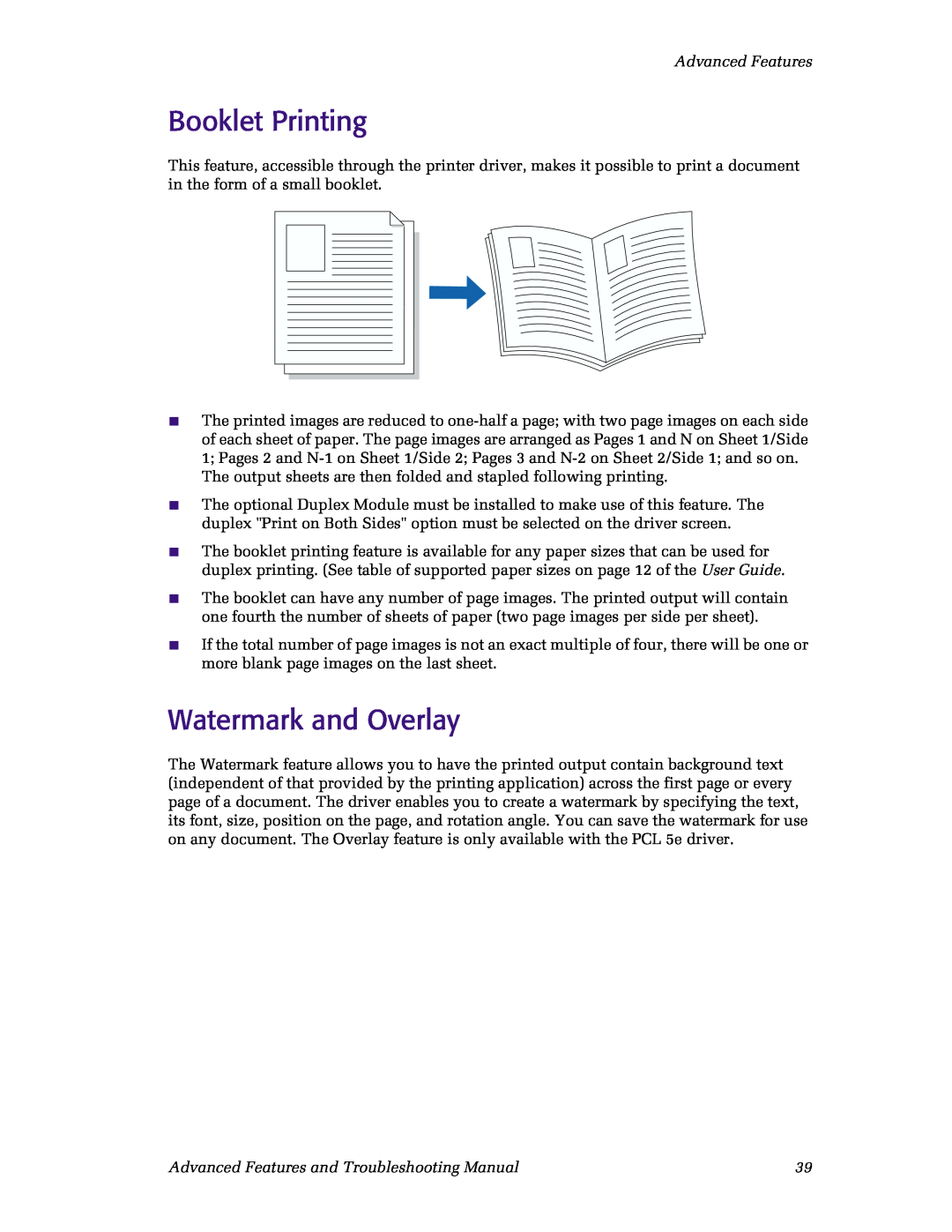 Xerox N4525 manual Booklet Printing, Watermark and Overlay, Advanced Features and Troubleshooting Manual 