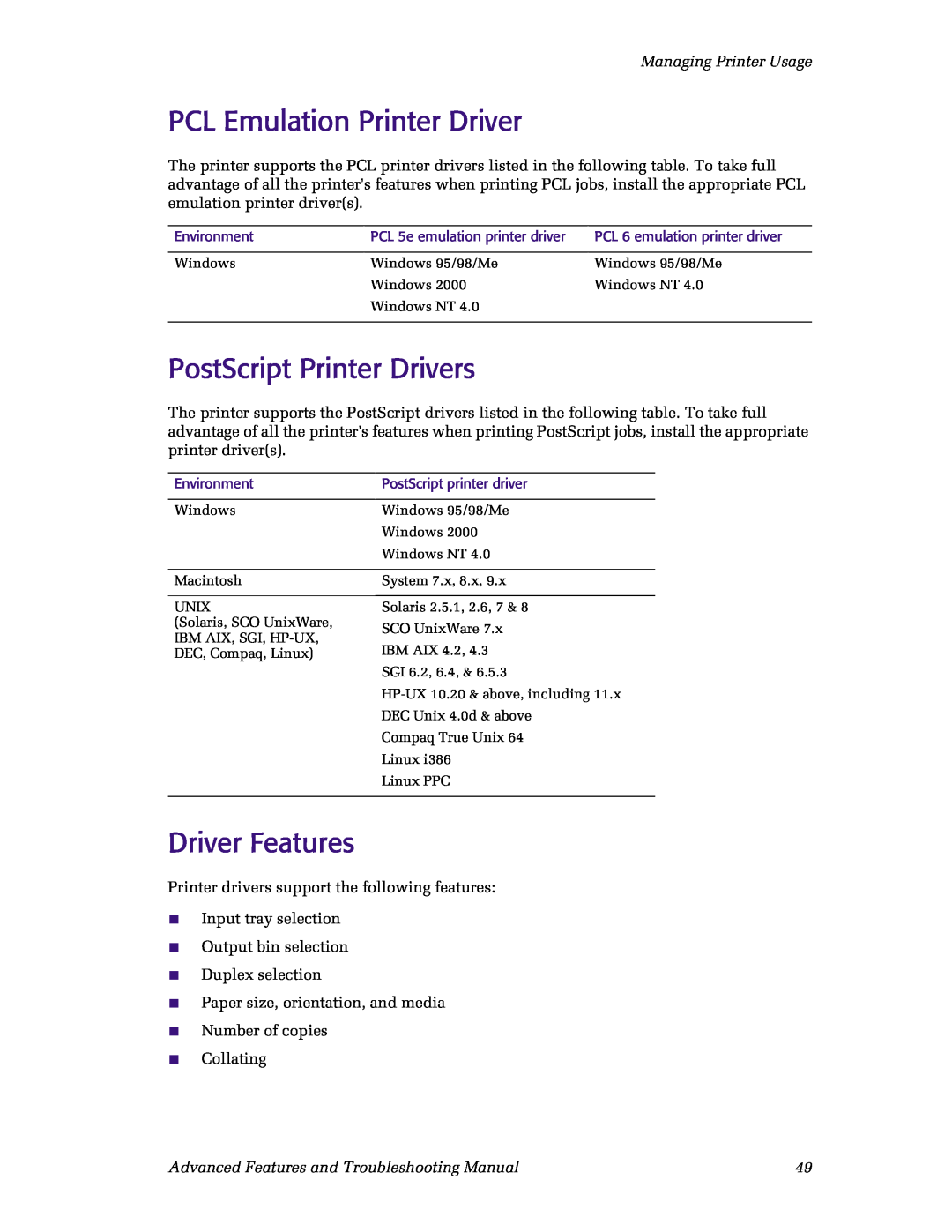 Xerox N4525 manual PCL Emulation Printer Driver, PostScript Printer Drivers, Driver Features, Managing Printer Usage 