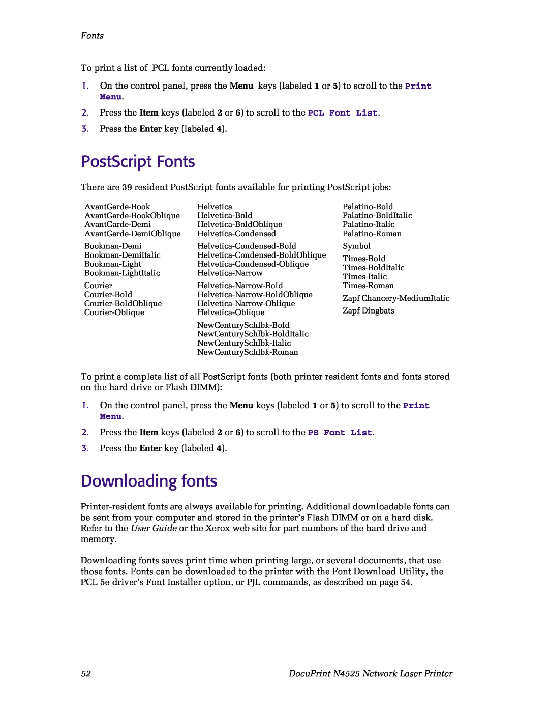 Xerox manual PostScript Fonts, Downloading fonts, DocuPrint N4525 Network Laser Printer 