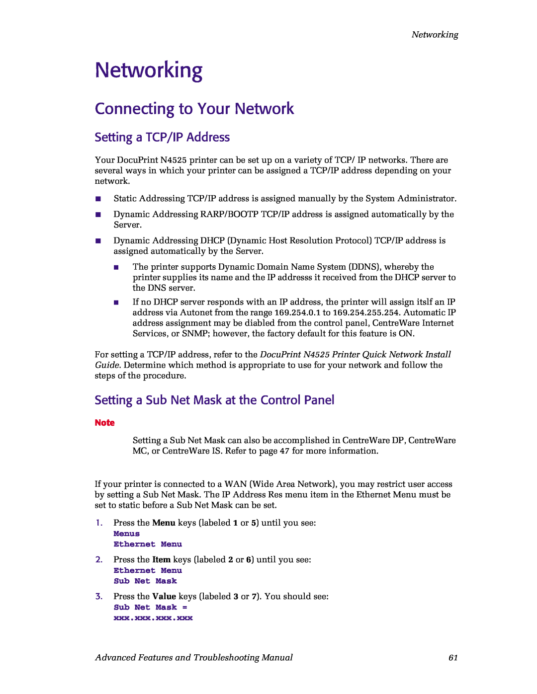 Xerox N4525 Networking, Connecting to Your Network, Setting a TCP/IP Address, Setting a Sub Net Mask at the Control Panel 