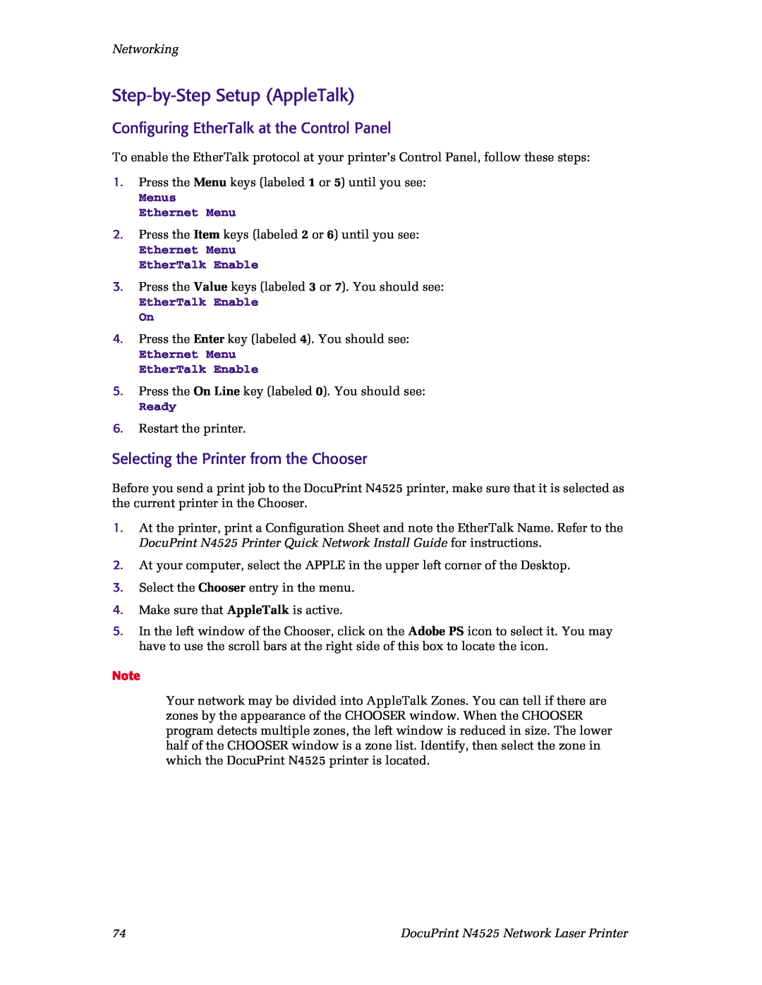 Xerox N4525 manual Step-by-StepSetup AppleTalk, Networking, Menus Ethernet Menu, Ethernet Menu EtherTalk Enable, Ready 