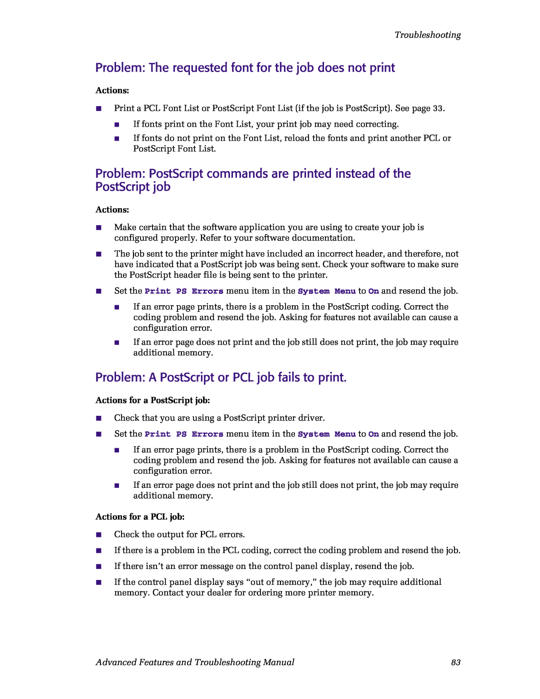 Xerox N4525 manual Problem: A PostScript or PCL job fails to print 