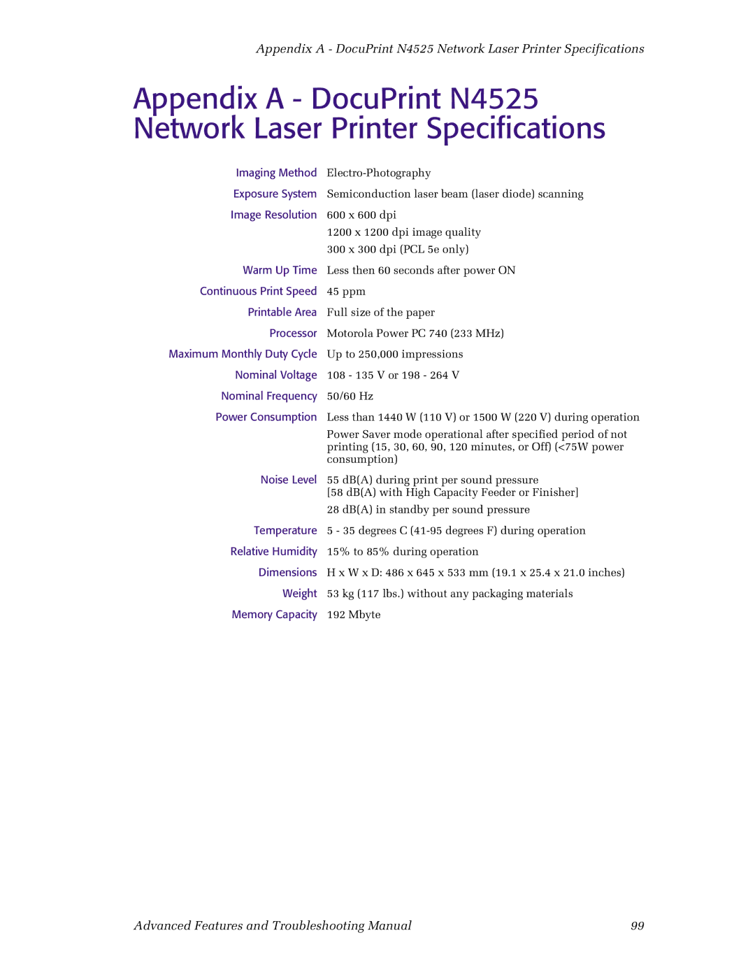 Xerox N4525 manual Imaging Method, Exposure System, Image Resolution, Warm Up Time, Continuous Print Speed, Printable Area 