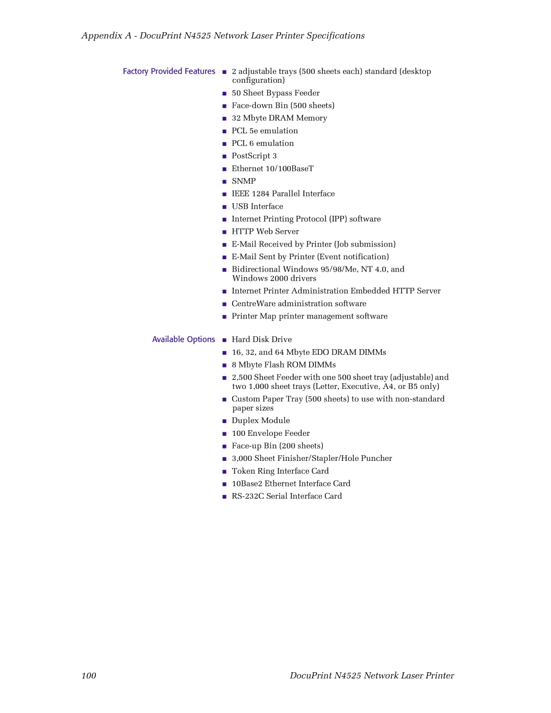 Xerox N4525 manual Snmp, Available Options Hard Disk Drive 