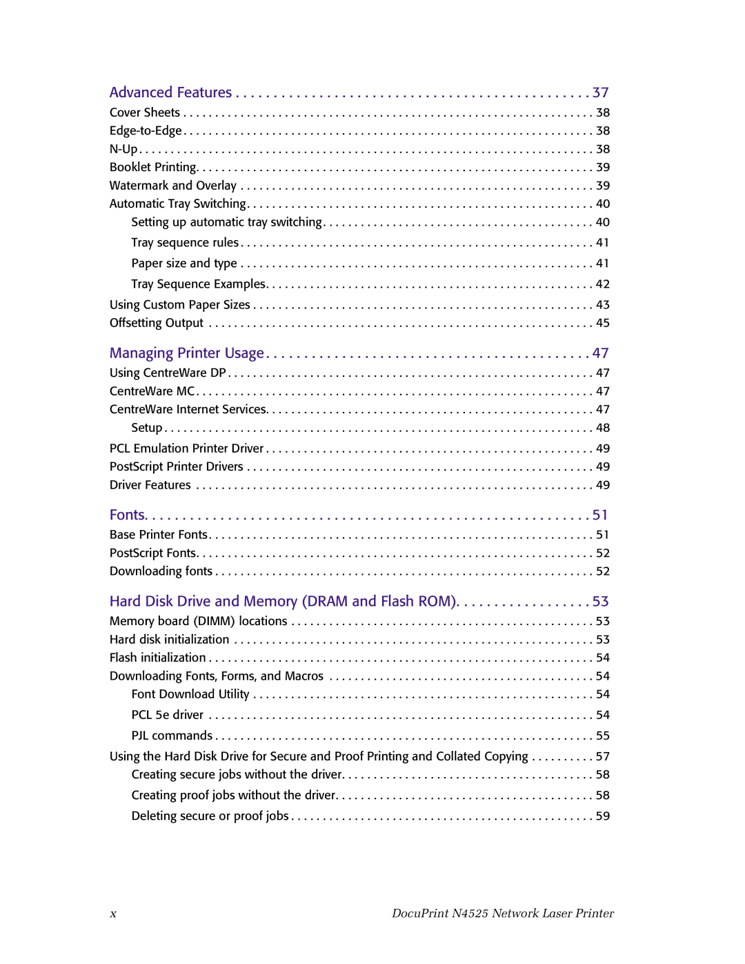 Xerox N4525 manual Advanced Features, Managing Printer Usage, Fonts, Hard Disk Drive and Memory Dram and Flash ROM 