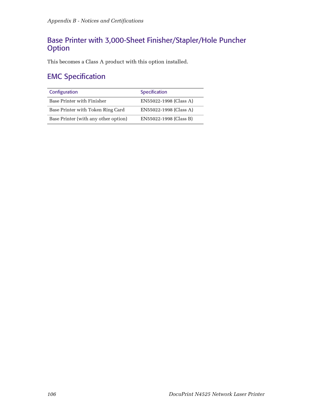 Xerox N4525 manual EMC Specification, Configuration Specification 