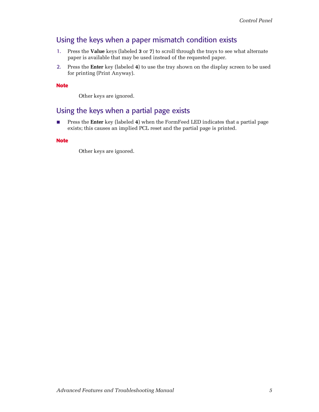 Xerox N4525 manual Using the keys when a paper mismatch condition exists, Using the keys when a partial page exists 