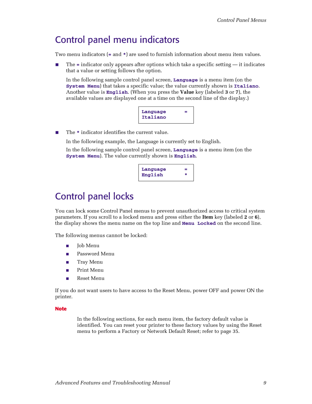 Xerox N4525 manual Control panel menu indicators, Control panel locks, Language = Italiano, Language = English 