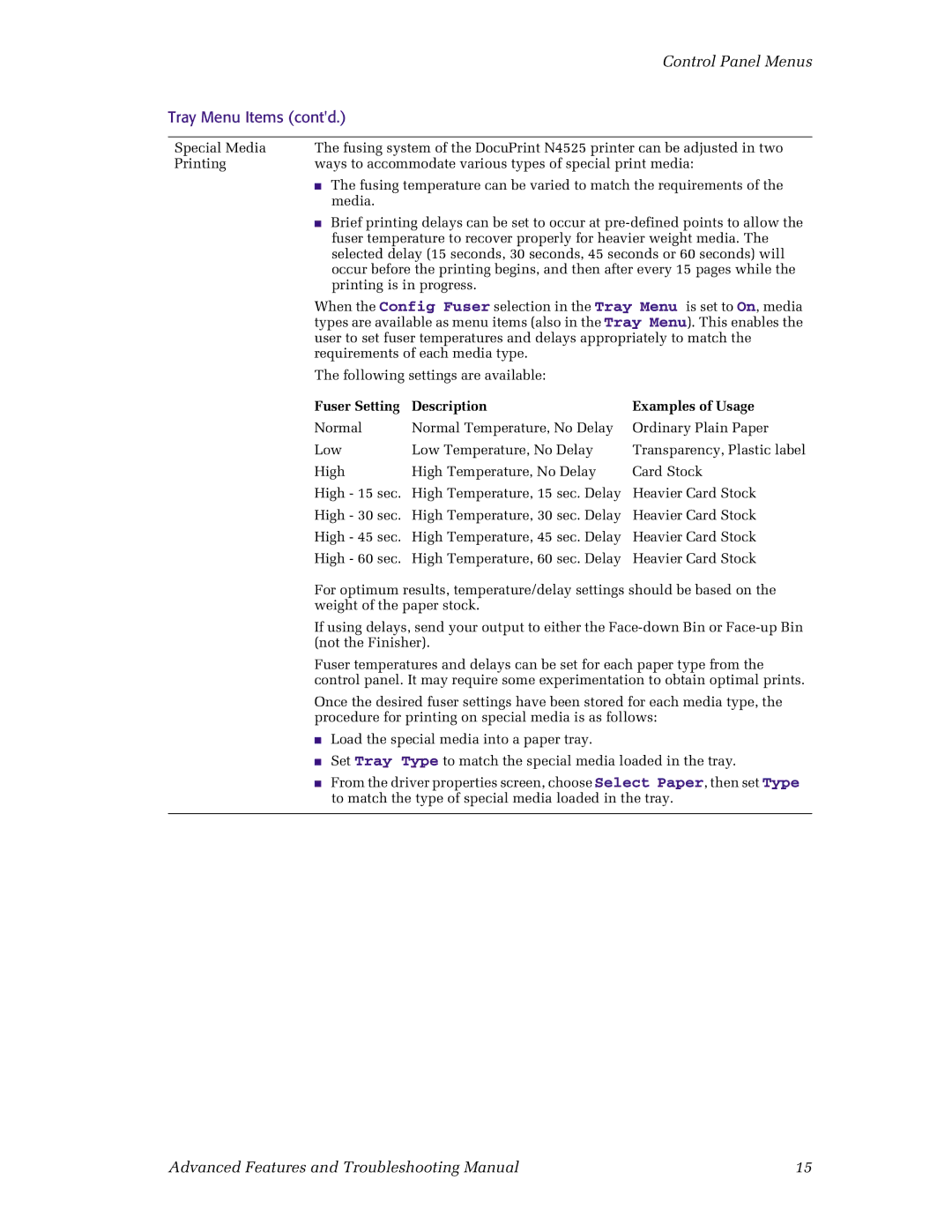 Xerox N4525 manual Fuser Setting Description Examples of Usage 