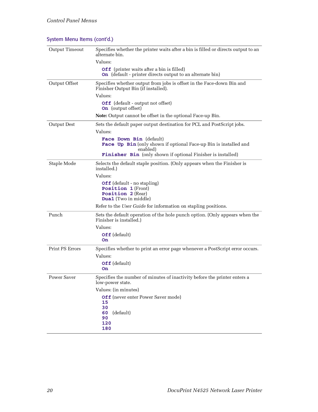 Xerox N4525 manual Face Down Bin default, Position 1 Front, Position 2 Rear 