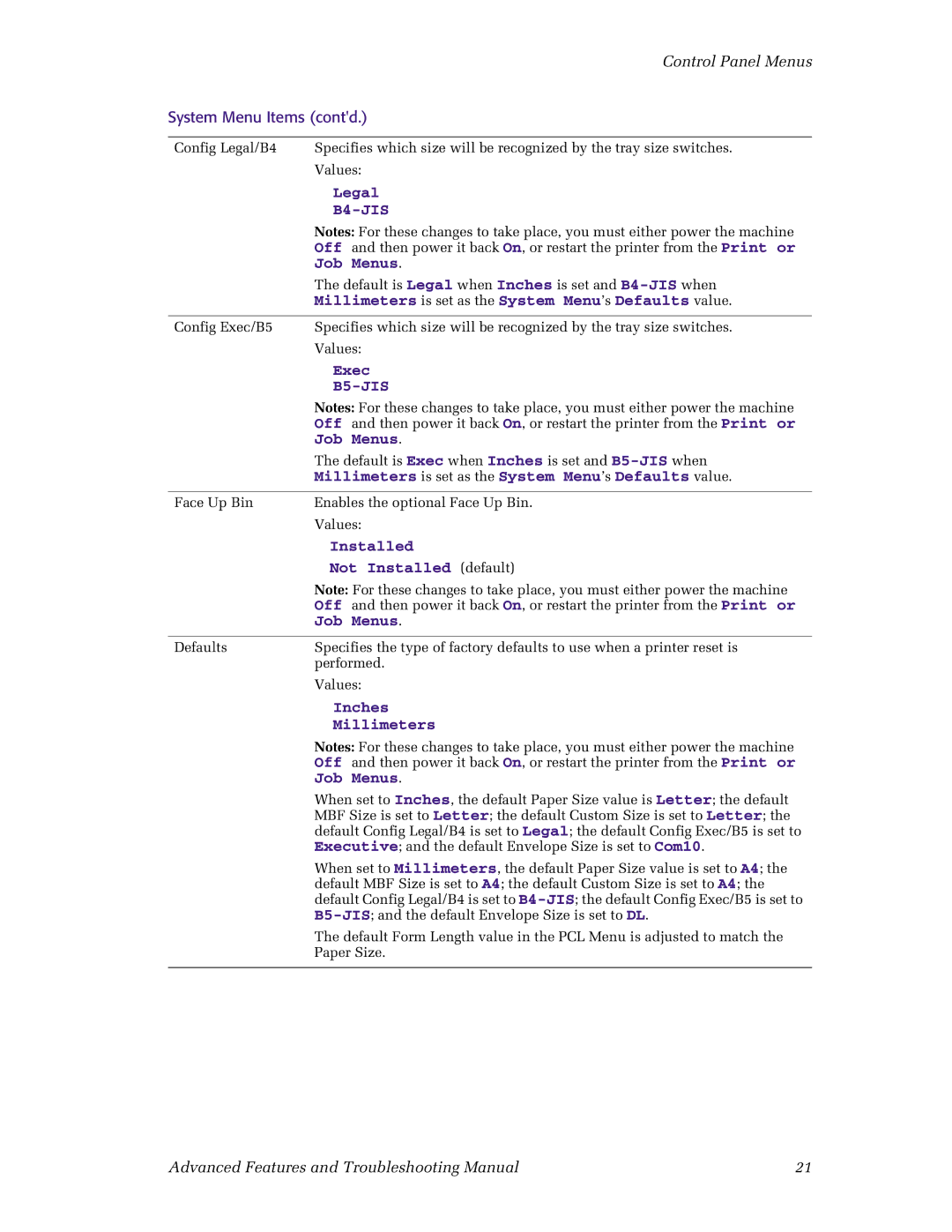 Xerox N4525 manual Millimeters is set as the System Menu ’s Defaults value, Exec, Not Installed default, Inches 