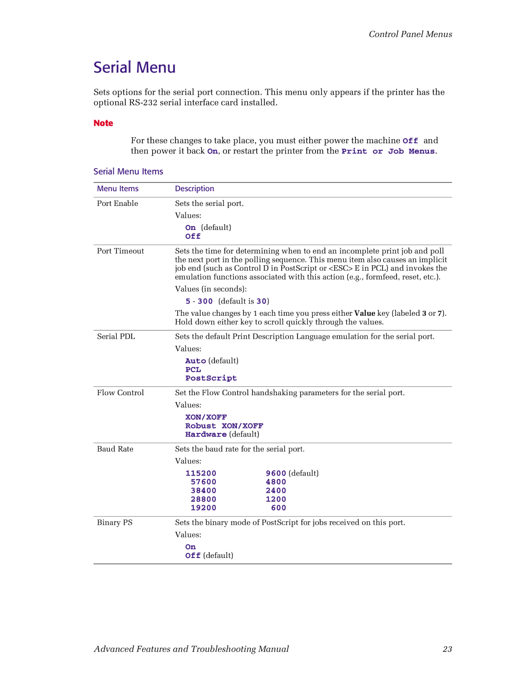 Xerox N4525 manual Serial Menu Items, Robust XON/XOFF Hardware default, 115200, 57600 4800 38400 2400 28800 1200 19200 