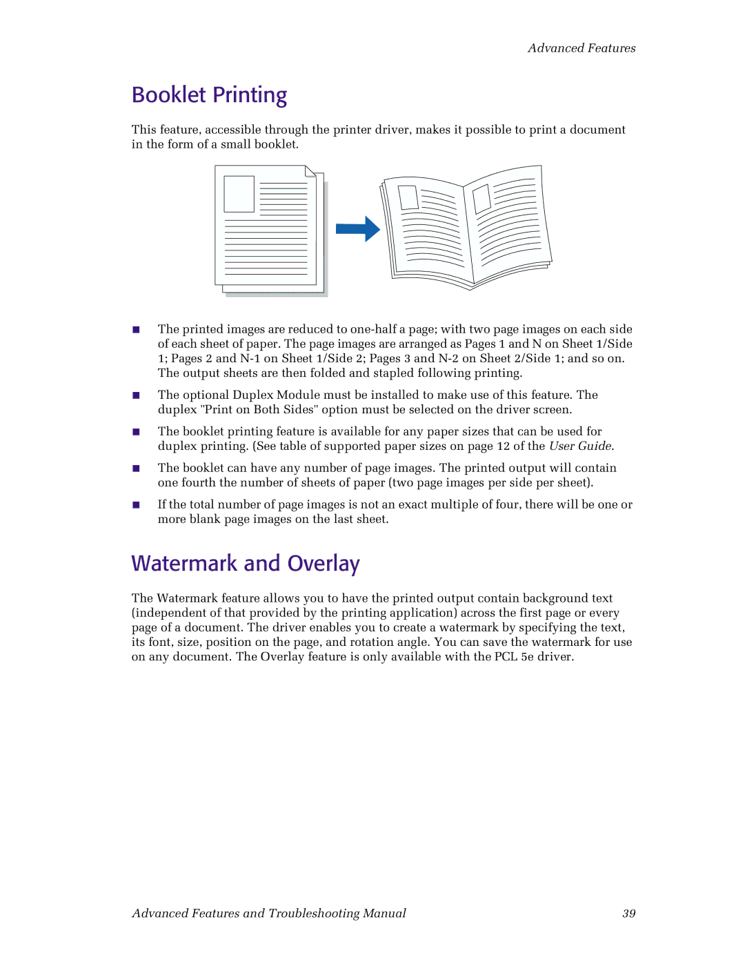 Xerox N4525 manual Booklet Printing, Watermark and Overlay 