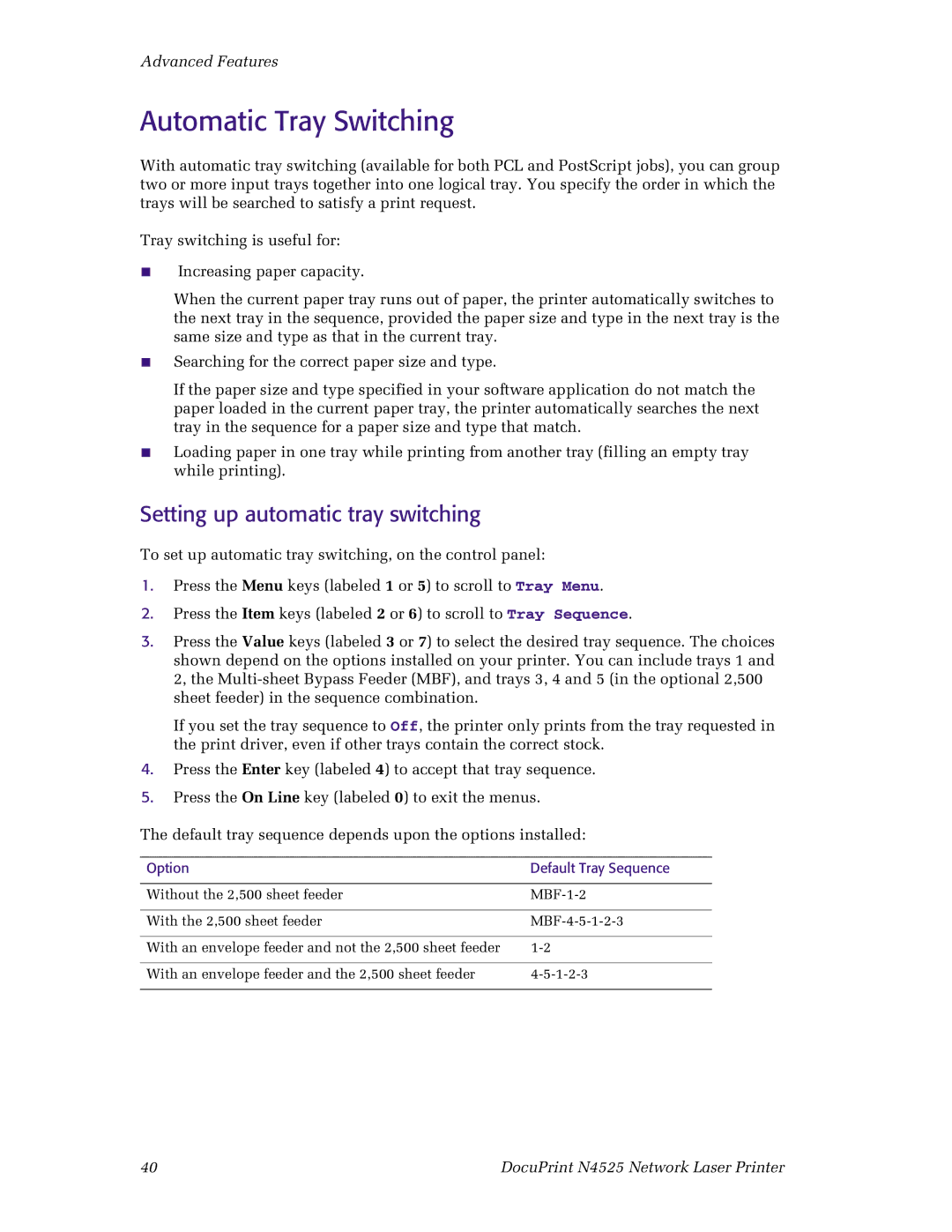 Xerox N4525 manual Automatic Tray Switching, Setting up automatic tray switching, Option Default Tray Sequence 