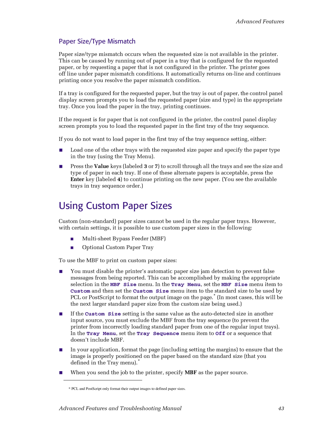 Xerox N4525 manual Using Custom Paper Sizes, Paper Size/Type Mismatch 