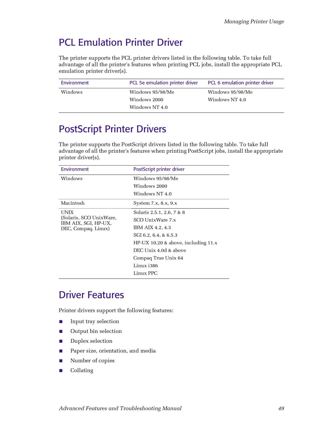 Xerox N4525 manual PCL Emulation Printer Driver, PostScript Printer Drivers, Driver Features 