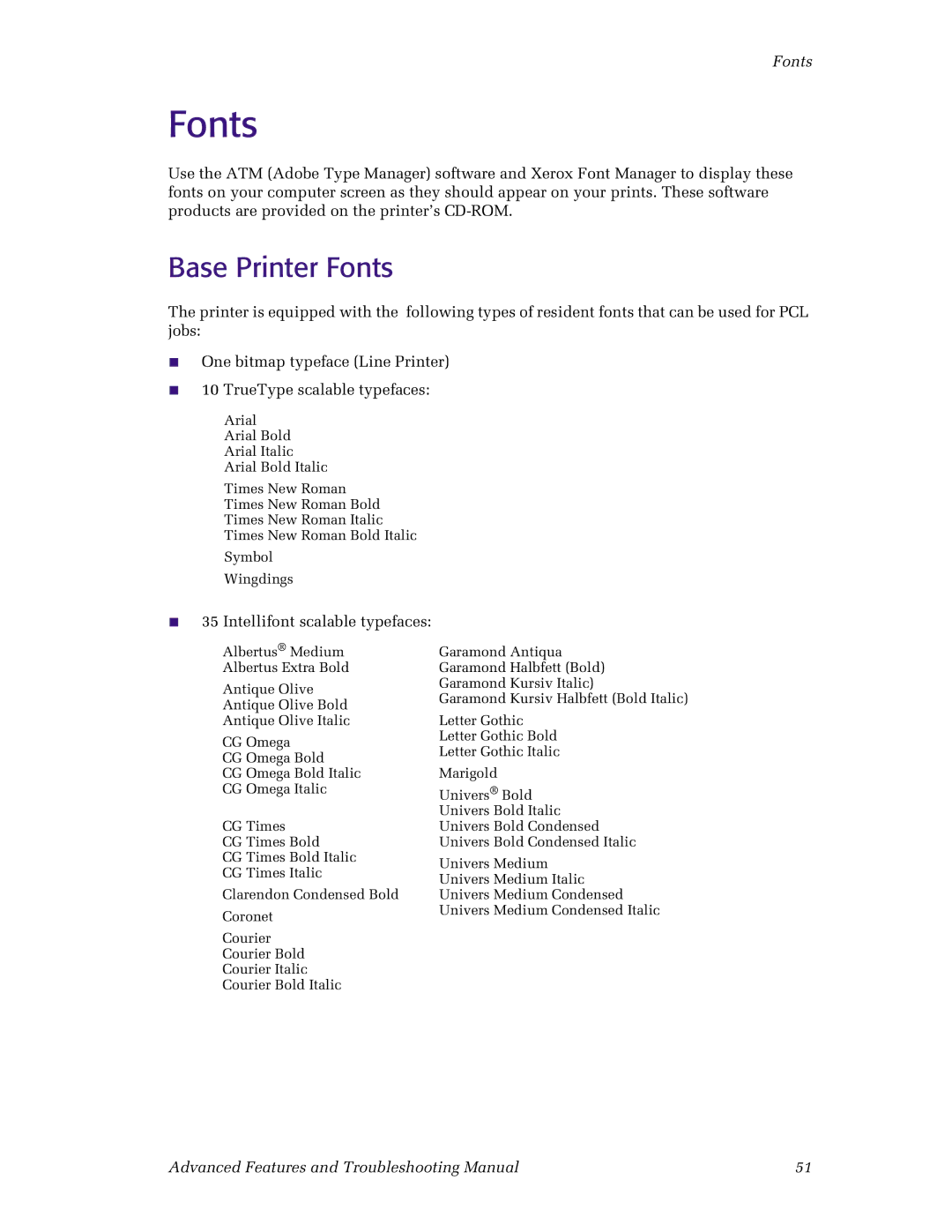 Xerox N4525 manual Base Printer Fonts 