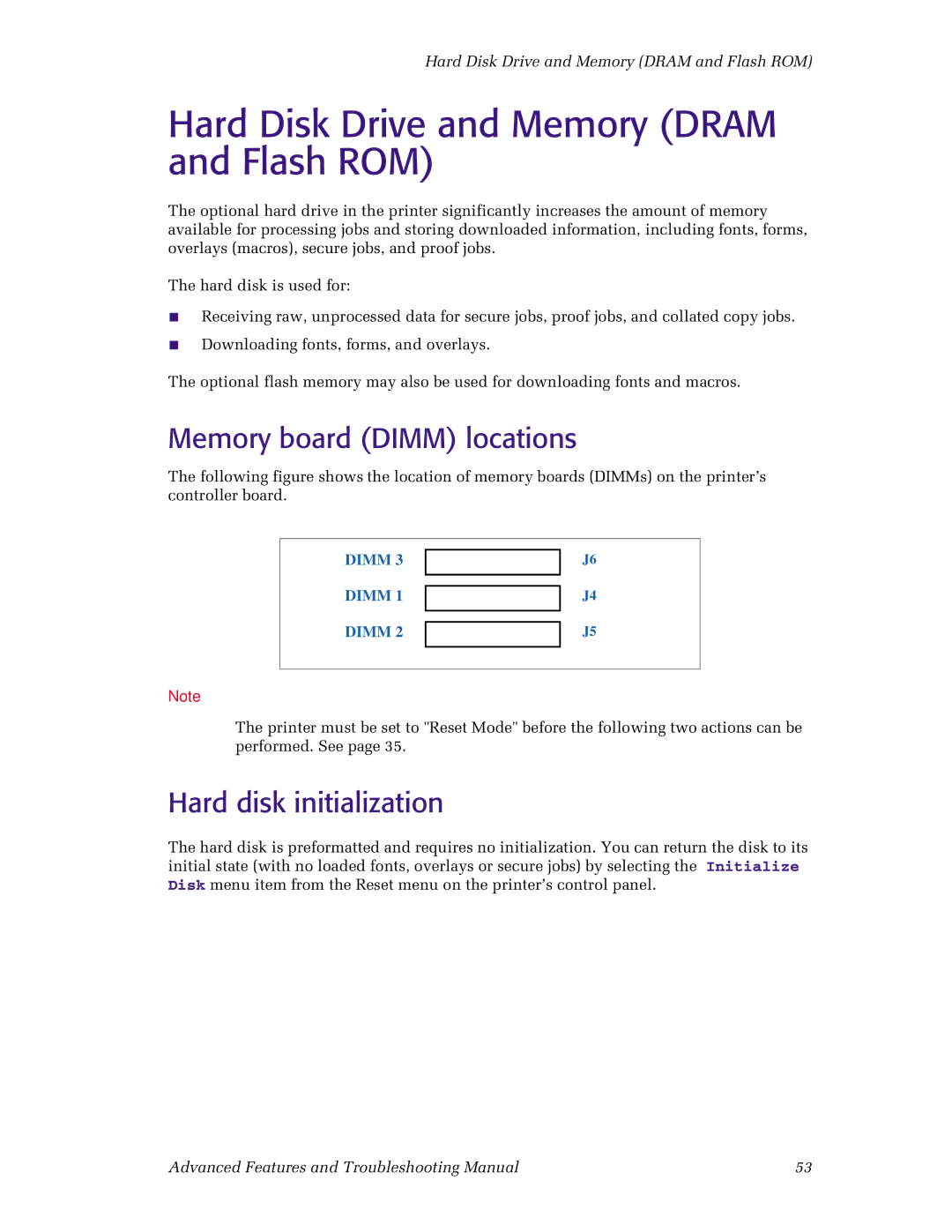 Xerox N4525 manual Hard Disk Drive and Memory Dram and Flash ROM, Memory board Dimm locations, Hard disk initialization 